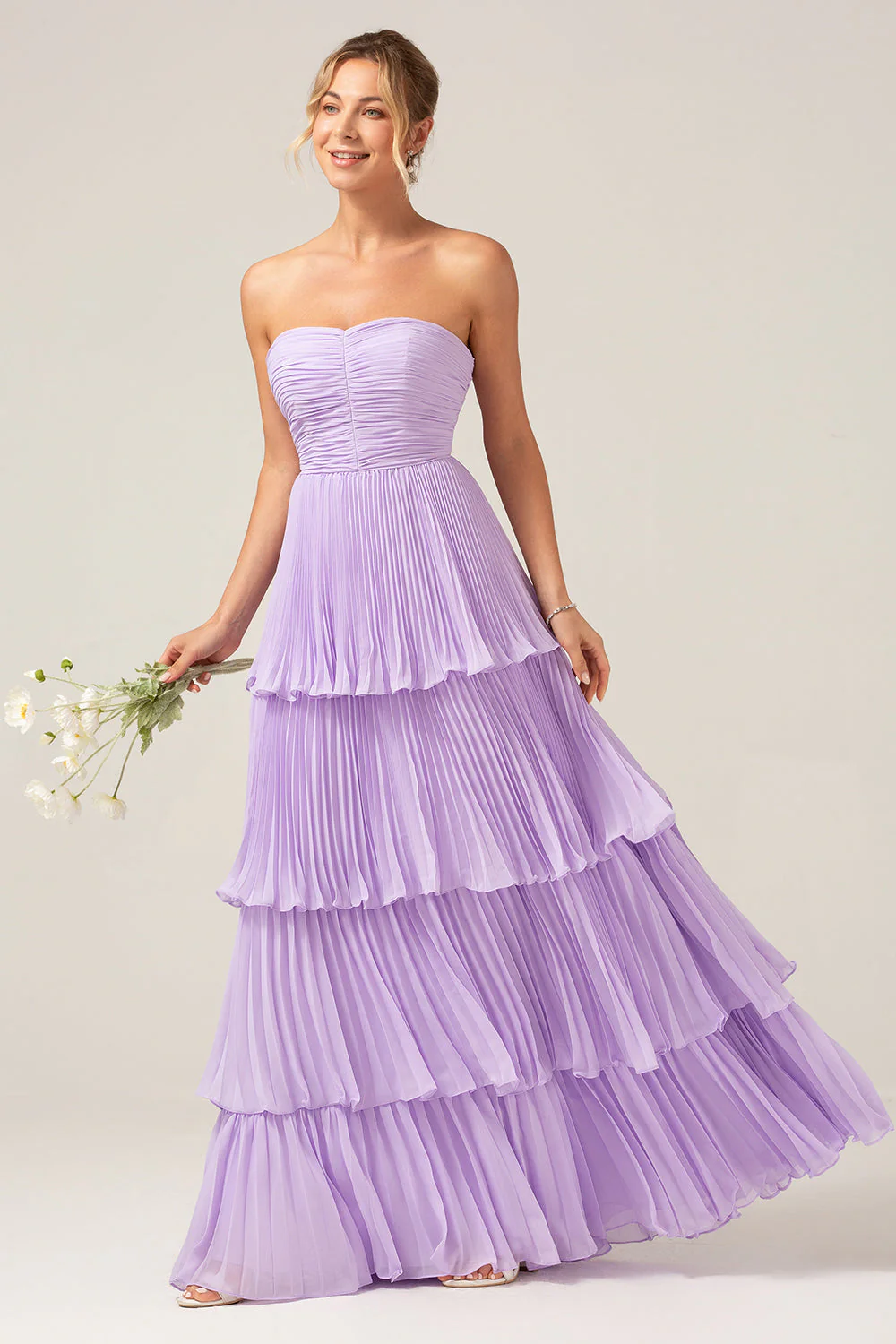 A-Line Sweetheart Tiered Chiffon Long Lilac Bridesmaid Dress with Pleated - JUORTHO