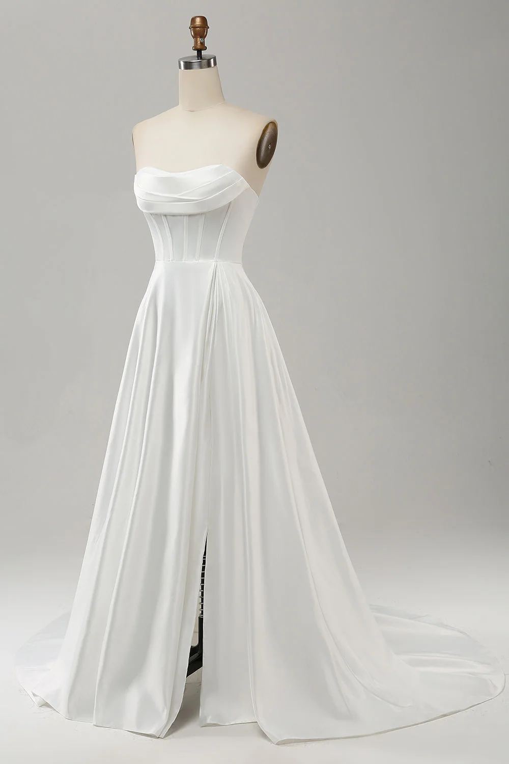 Elegant White A Line Strapless Pleated Sweep Train Bridal Dress With Split - JUORTHO
