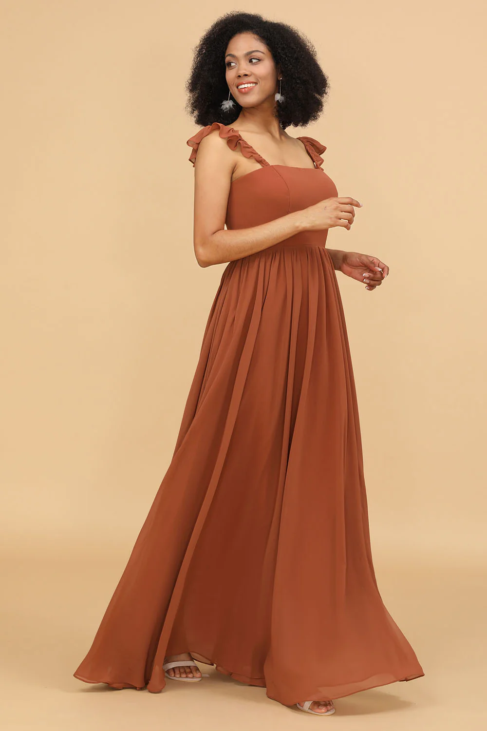 Terracotta A-line Straps Chiffon Bridesmaid Dress - JUORTHO