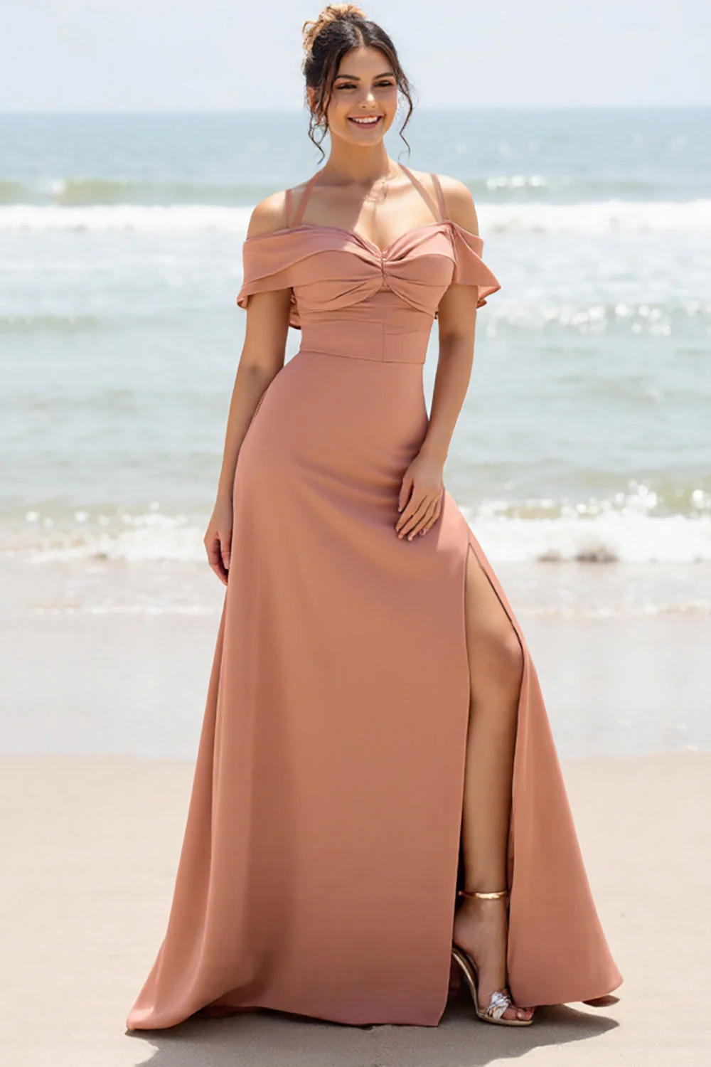 Sunset Sheath Cold Shoulder Long Bridesmaid Dress with Slit - JUORTHO