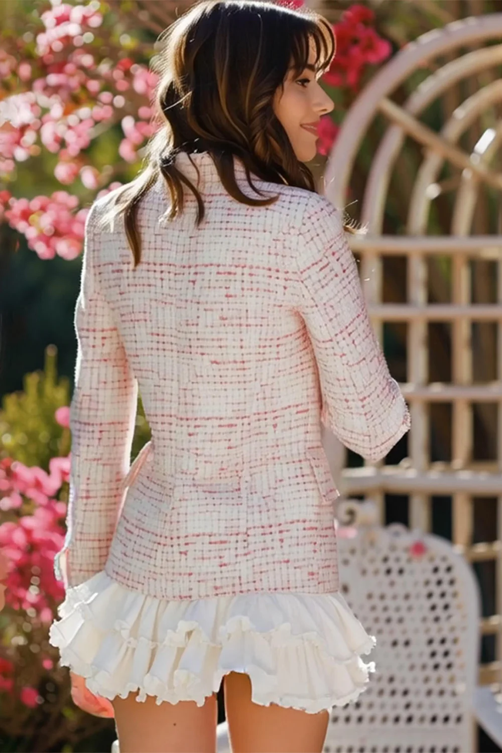 Light Pink Plaid 2 Piece Tweed Notched Lapel Ruffled Homecoming Outfits - JUORTHO