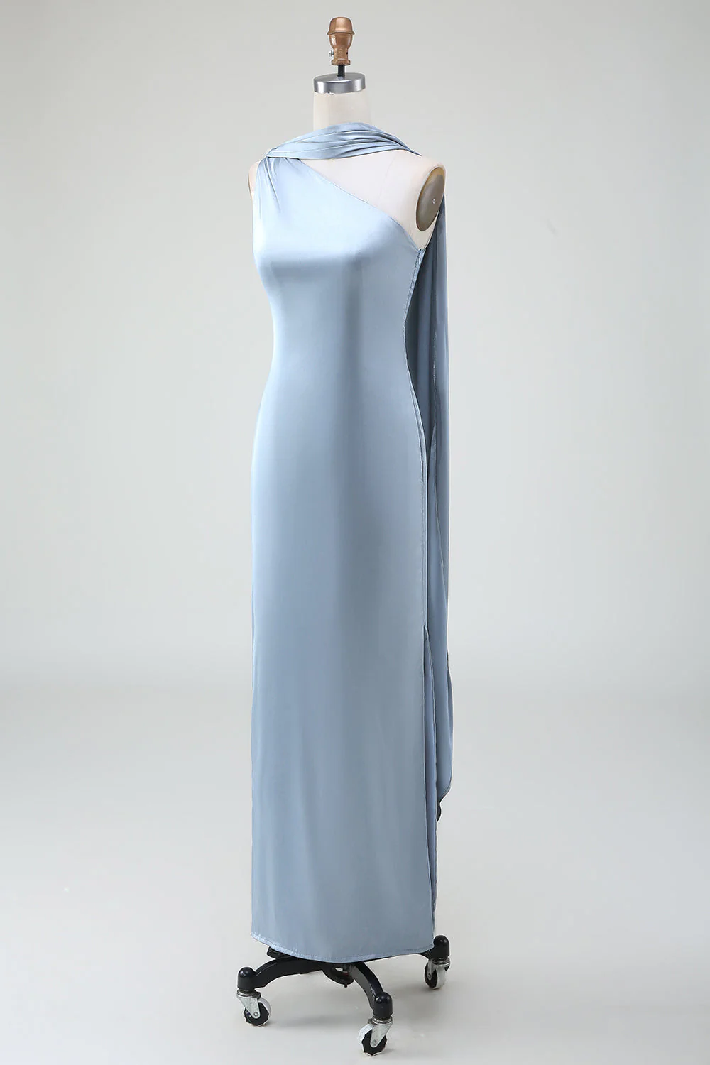Blue Sheath One Shoulder Satin Long Bridesmaid Dress - JUORTHO