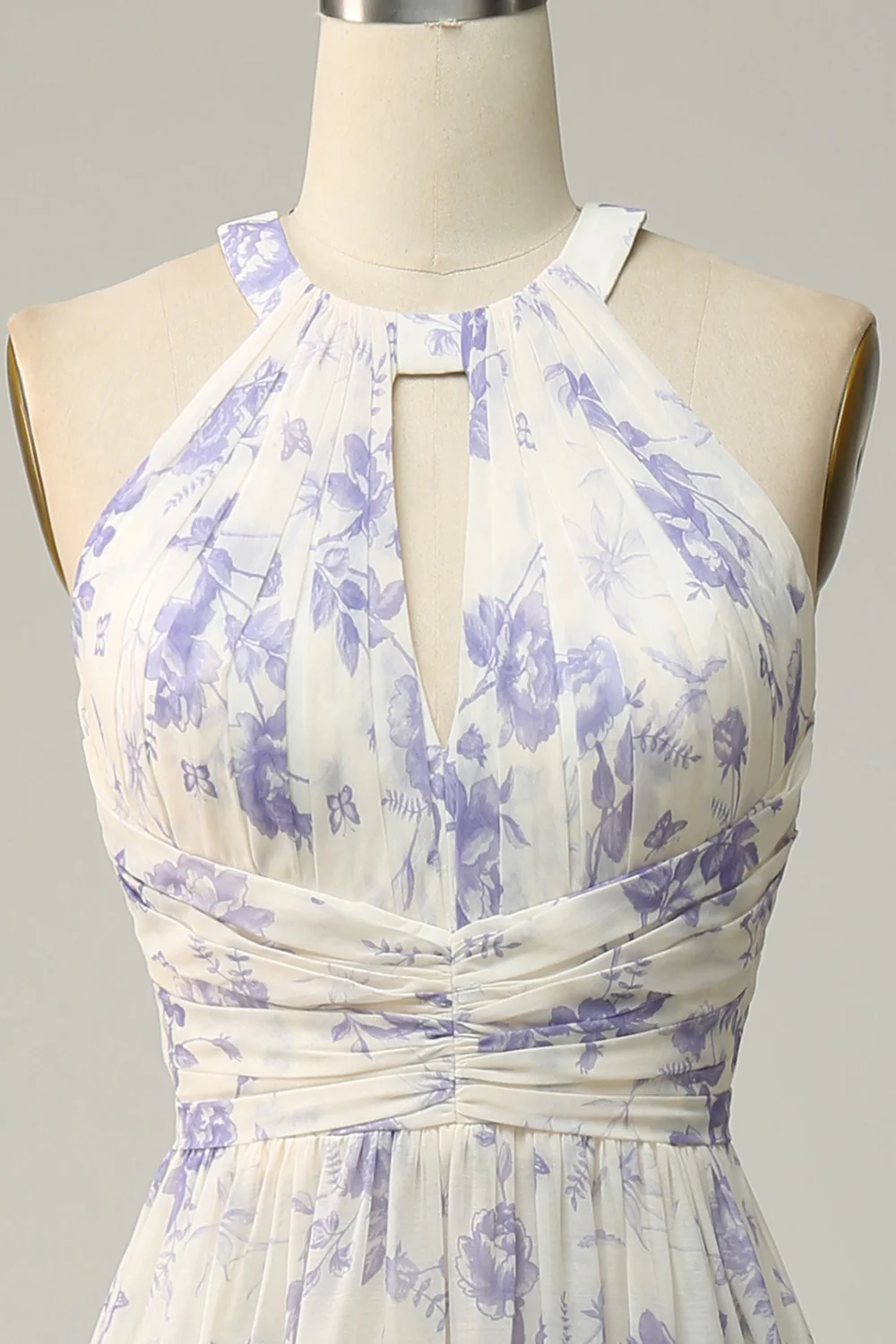 Halter Neck A line Floral Long Bridesmaid Dress - JUORTHO