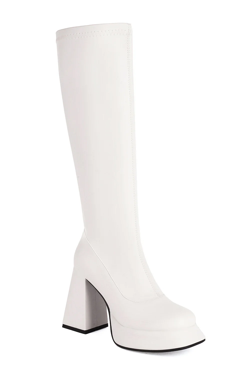 White Go Go Knee High Square Toe Chunky Platform Heel Boots - JUORTHO