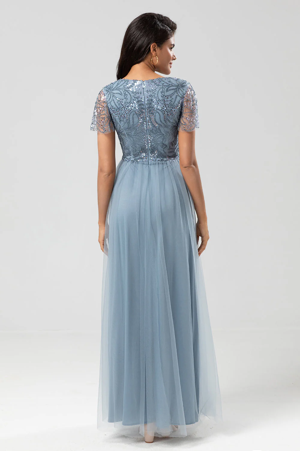 Confidently Charismatic A Line V Neck Dusty Blue Long Bridesmaid Dress with Beading - JUORTHO