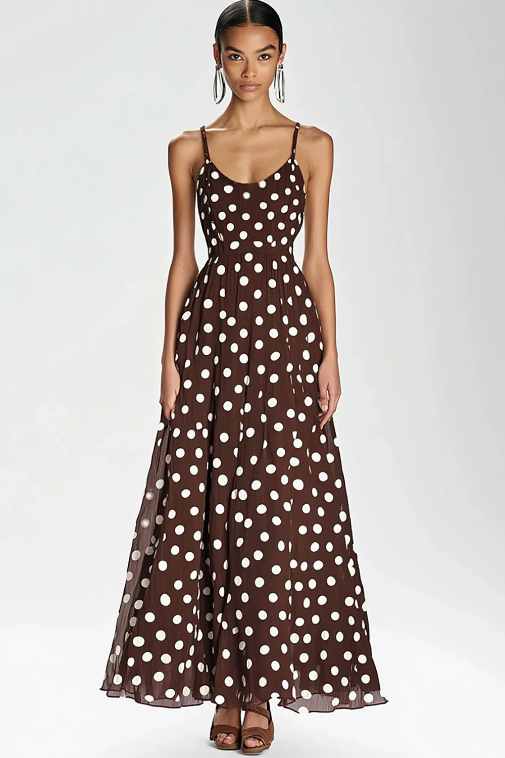 Coffee and White Spaghetti Straps A Line Boho Maxi Chiffon Polka Dot Dress - JUORTHO