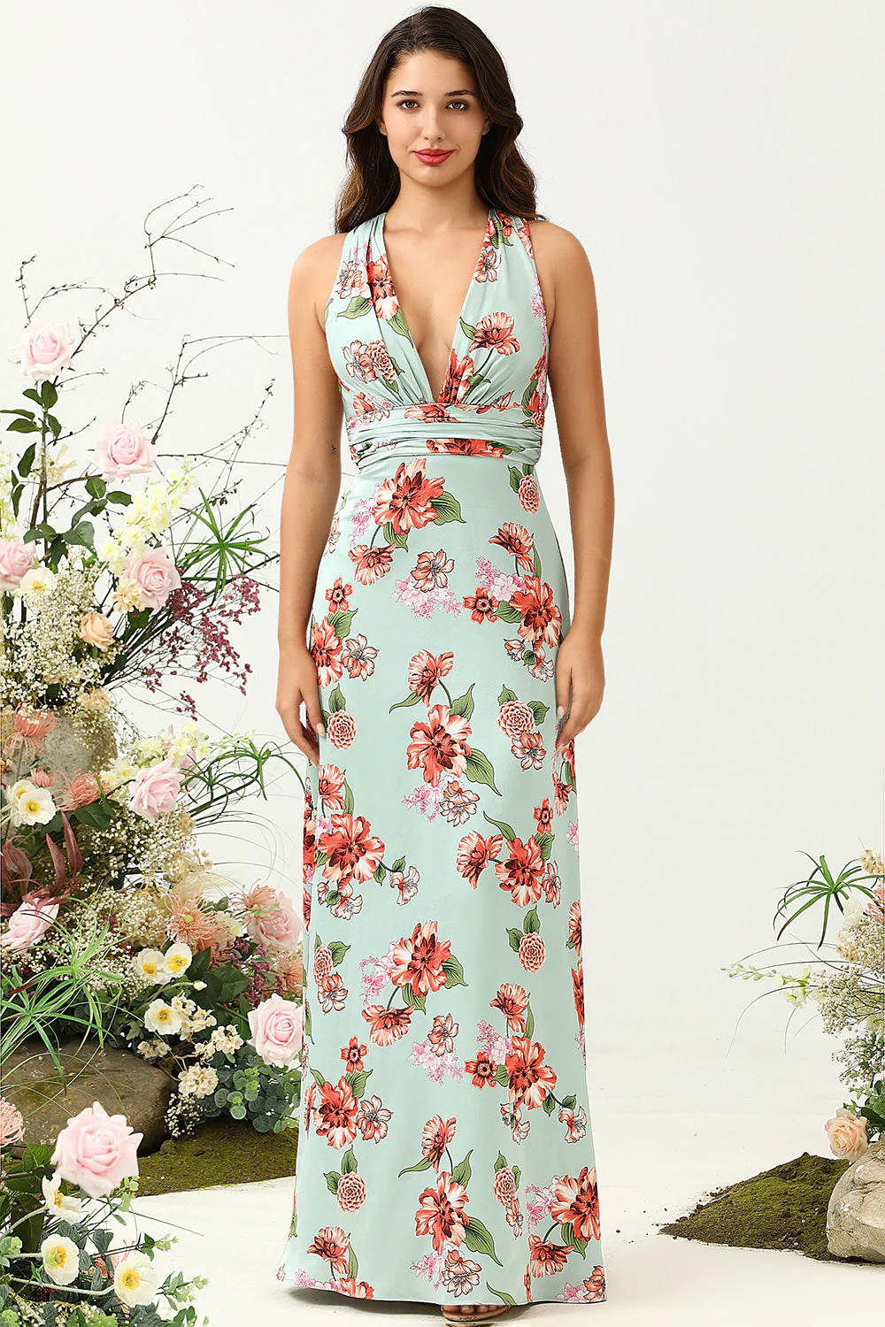 A Line Deep V Neck Green Printed Long Bridesmaid Dress - JUORTHO