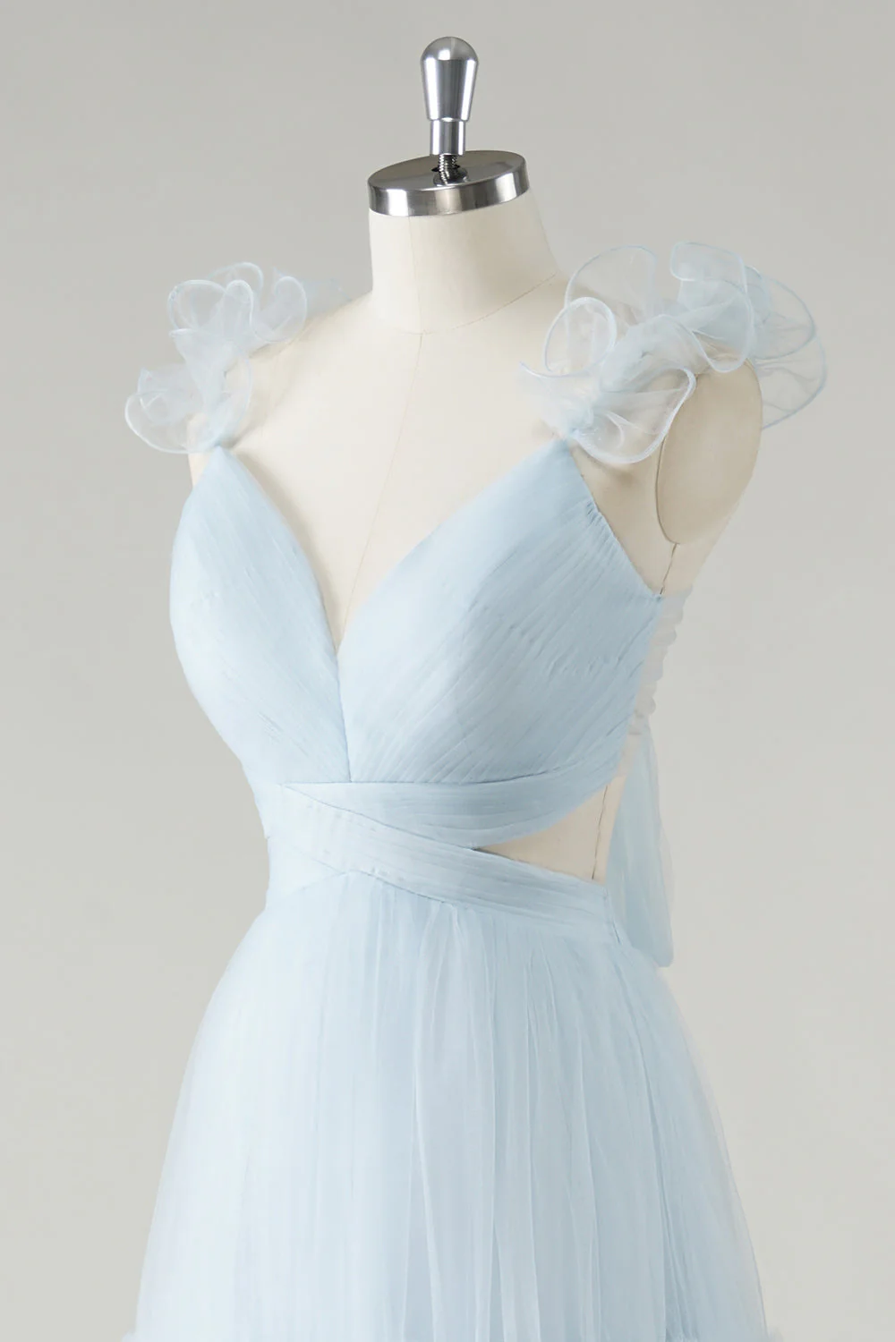Sky Blue A-Line Ruffles Straps V-Neck Tulle Long Bridesmaid Dress - JUORTHO