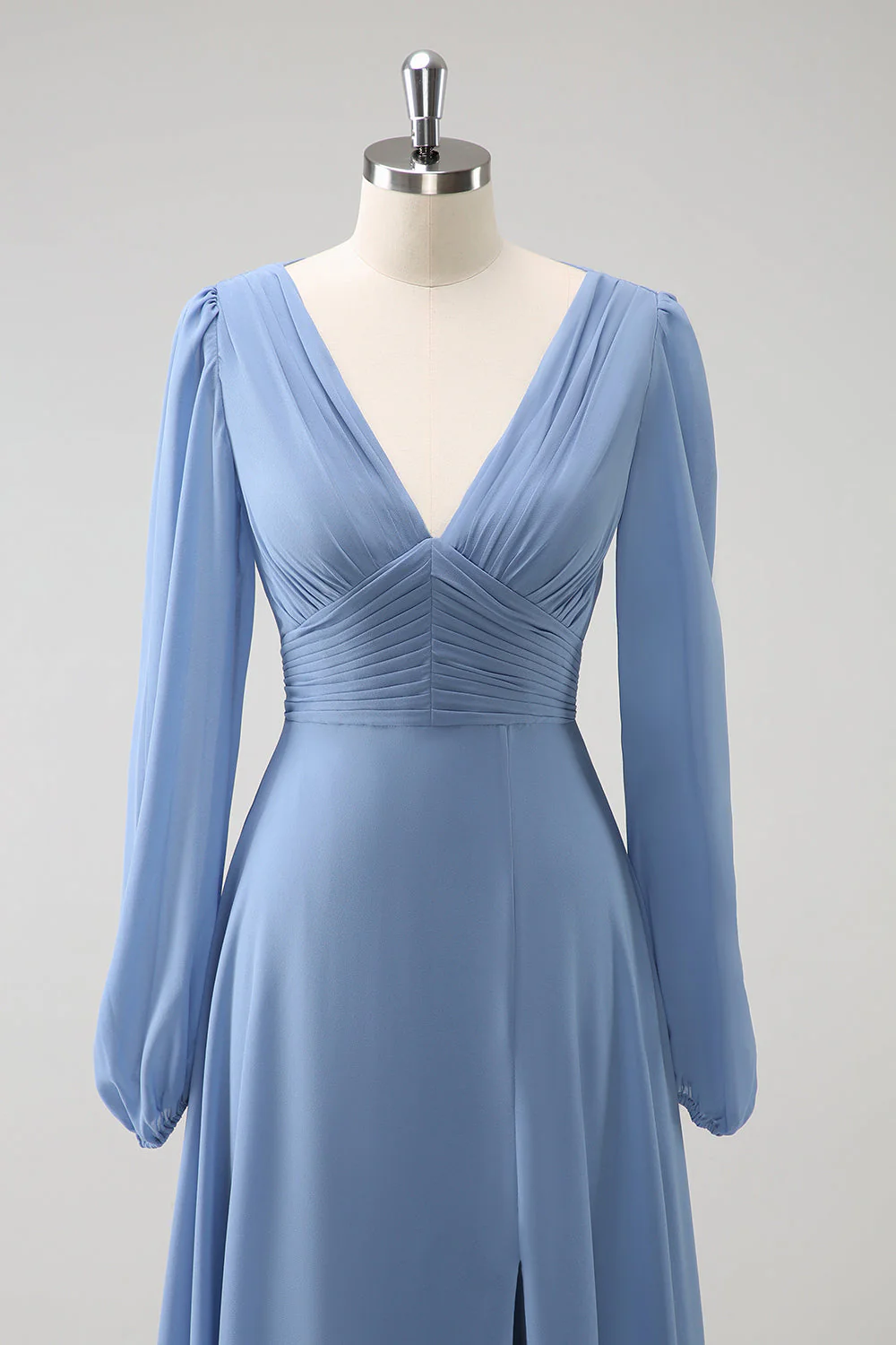 A Line Grey Blue V-Nack Chiffon Bridesmaid Dress with Long Sleeves - JUORTHO