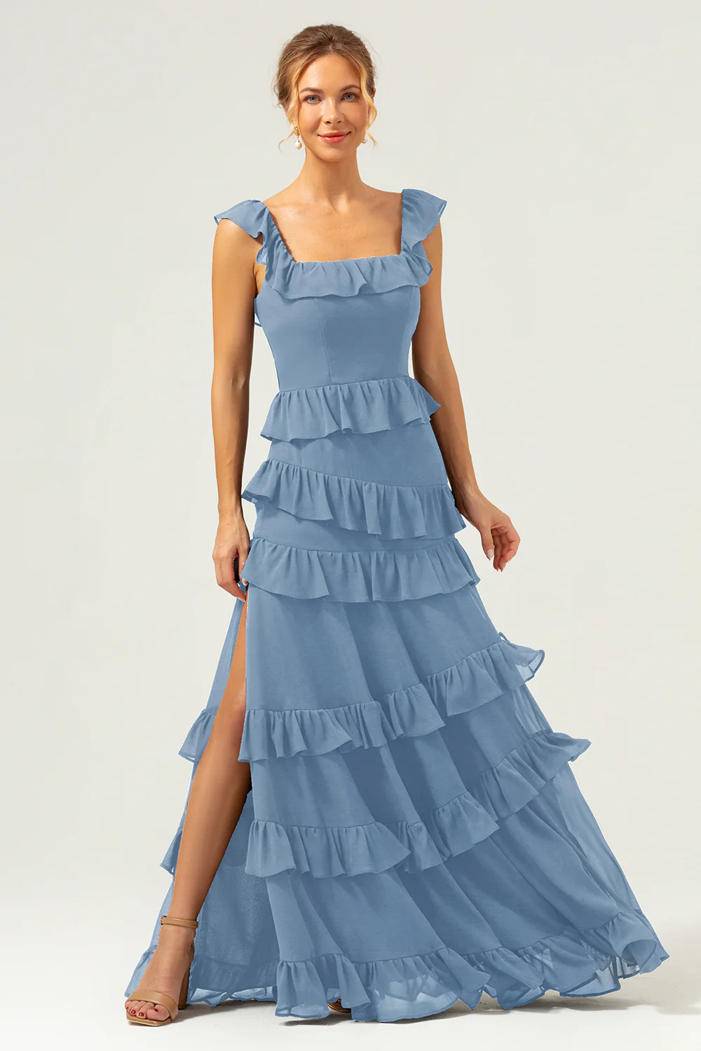 Dark Navy A-Line Tiered Chiffon Long Bridesmaid Dress - JUORTHO