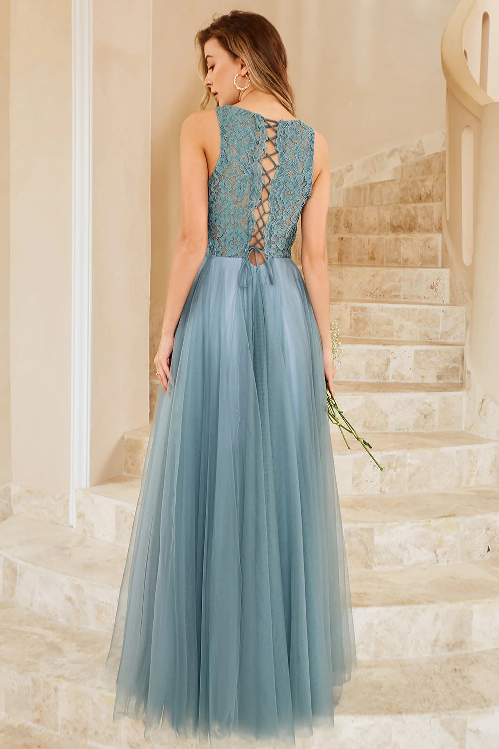 Grey Blue Tulle Bridesmaid Dress with Lace - JUORTHO