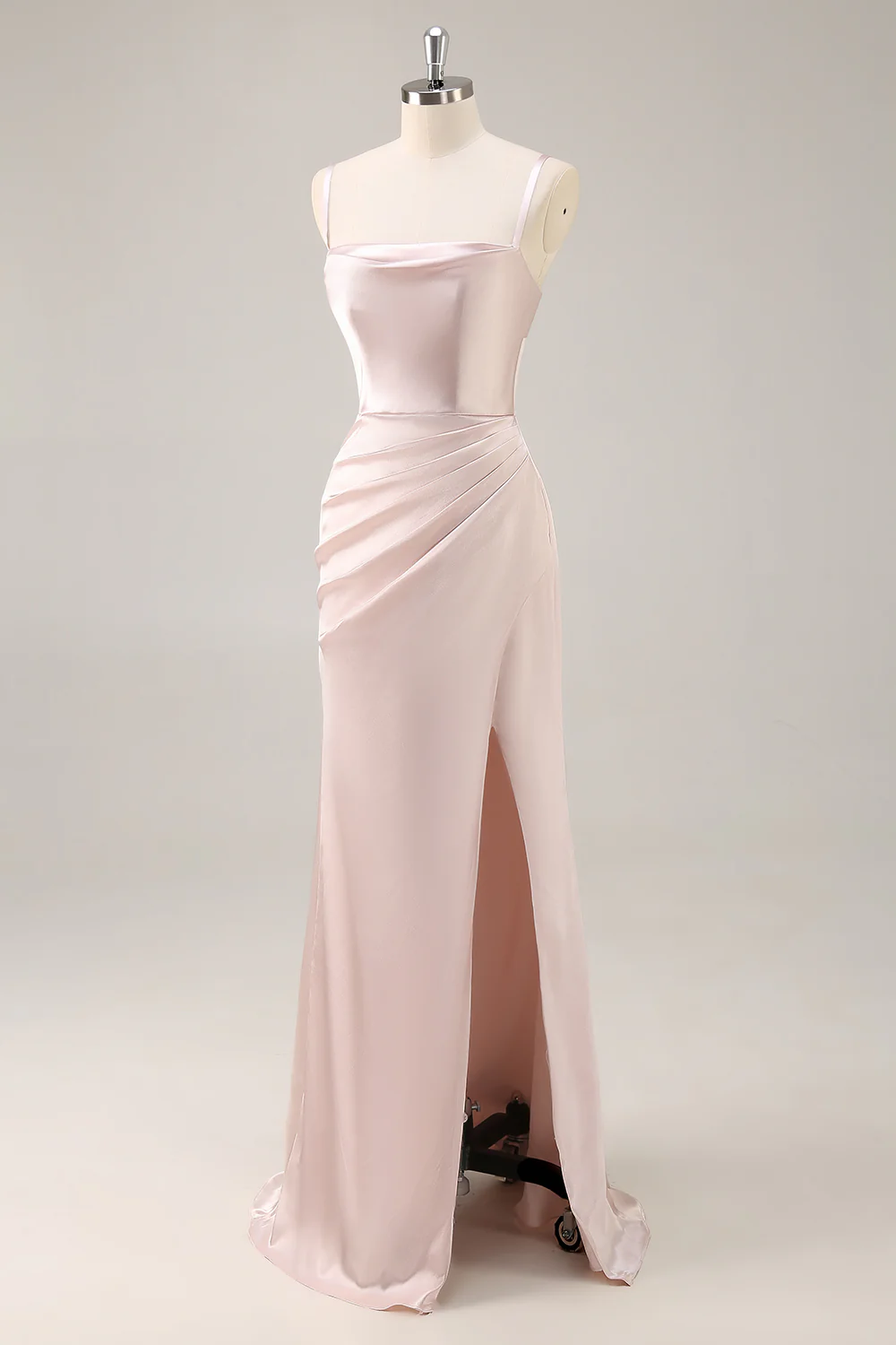 Candy Pink Mermaid Ruched Satin Long Bridesmaid Dress with Slit - JUORTHO