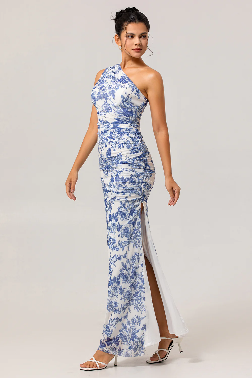 White Blue Floral One Shoulder Long Bridesmaid Dress with Slit - JUORTHO