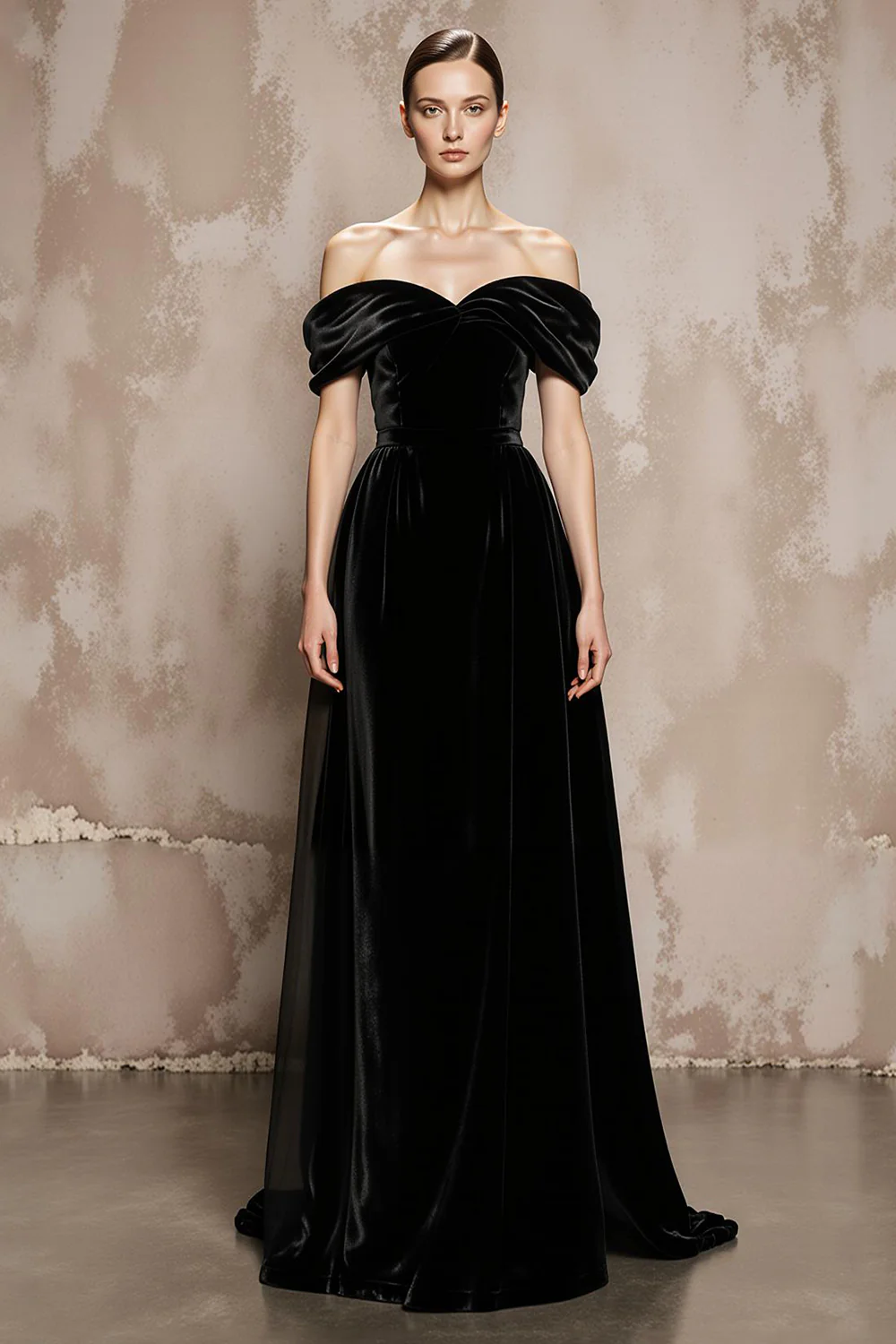 Black A Line Velvet Off the Shoulder Long Formal Dress - JUORTHO