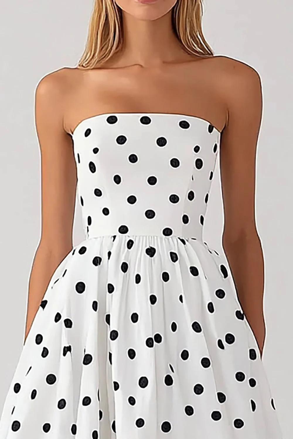 Black and White Satin Strapless Empire Boho Maxi Polka Dot Dress - JUORTHO