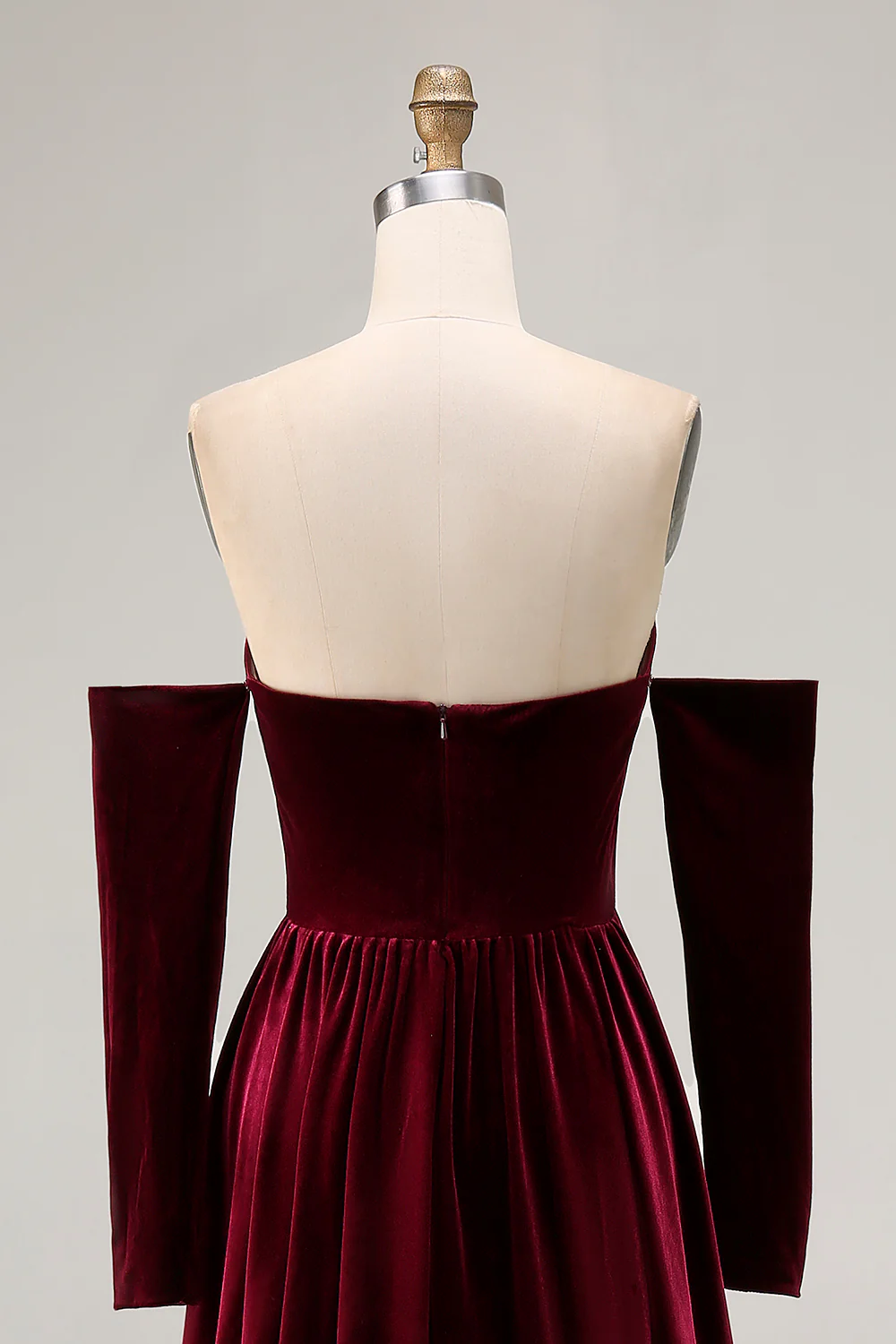 Dark Red Velvet Off the Shoulder A Line Long Evening Dress with Sleeves - JUORTHO
