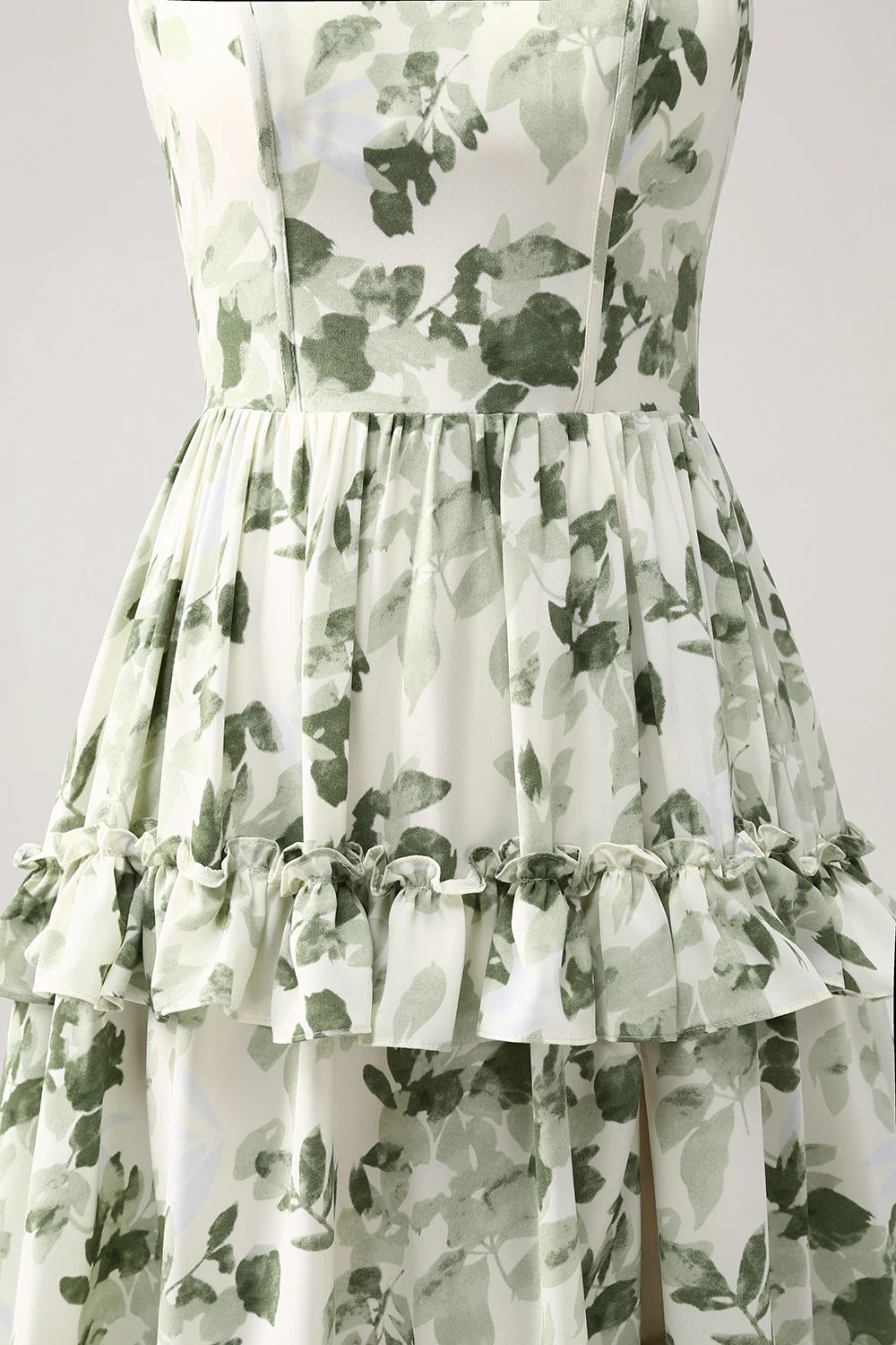 Green Floral Ruffles Tiered Prom Dress with Slit - JUORTHO