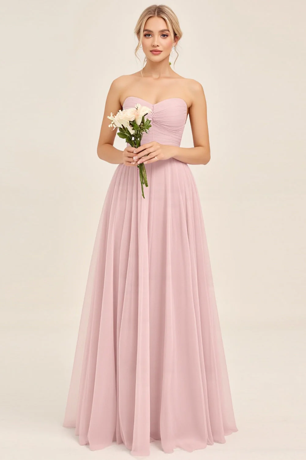 Candy Pink A Line Ruhced Sweetheart Long Bridesmaid Dress - JUORTHO