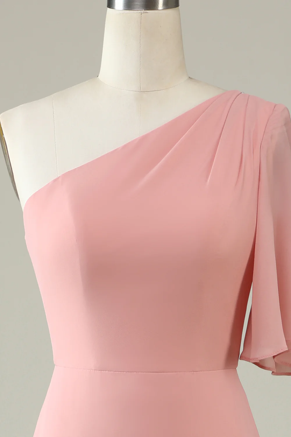 Grey Blue One Shoulder Chiffon Boho Bridesmaid Dress - JUORTHO