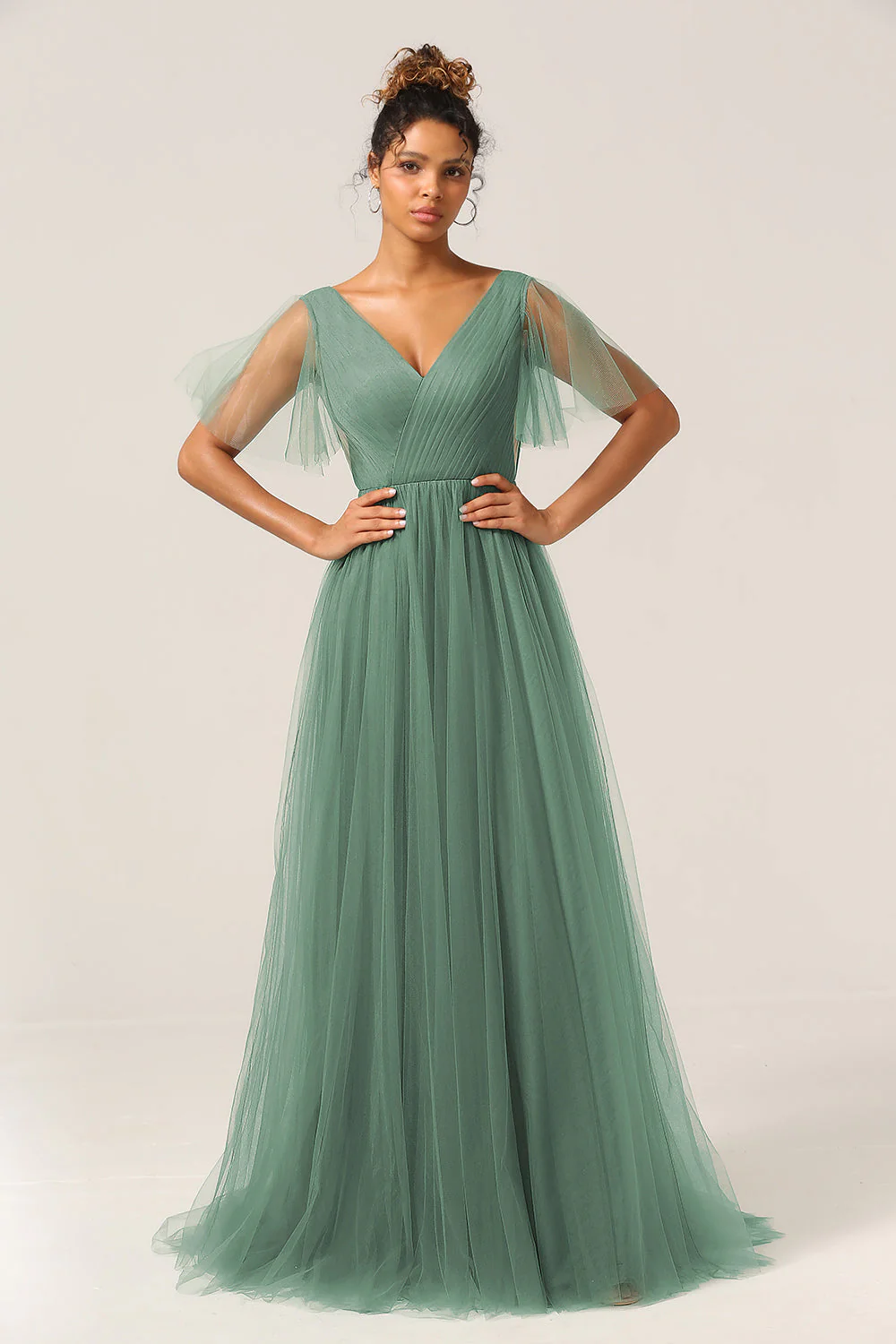Eucalyptus V Neck Open Back A Line Bridesmaid Dress - JUORTHO
