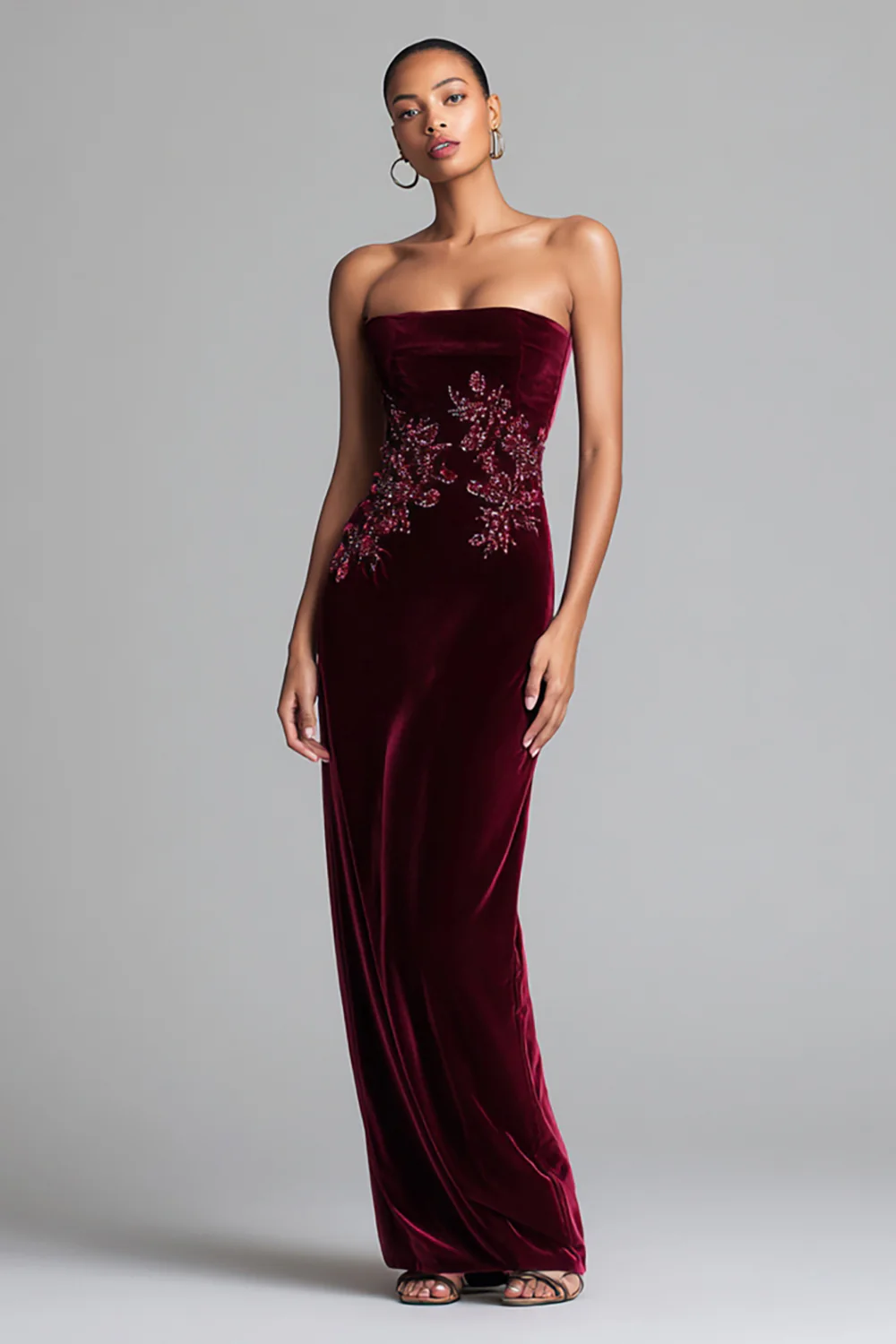 Burgundy Strapless Velvet Floral Long Holiday Party Dress - JUORTHO