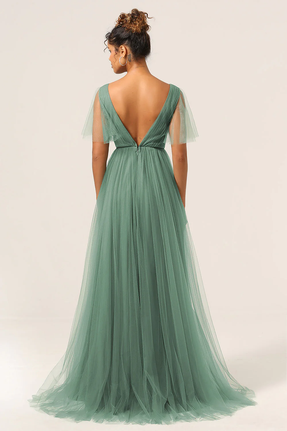 Eucalyptus V Neck Open Back A Line Bridesmaid Dress - JUORTHO