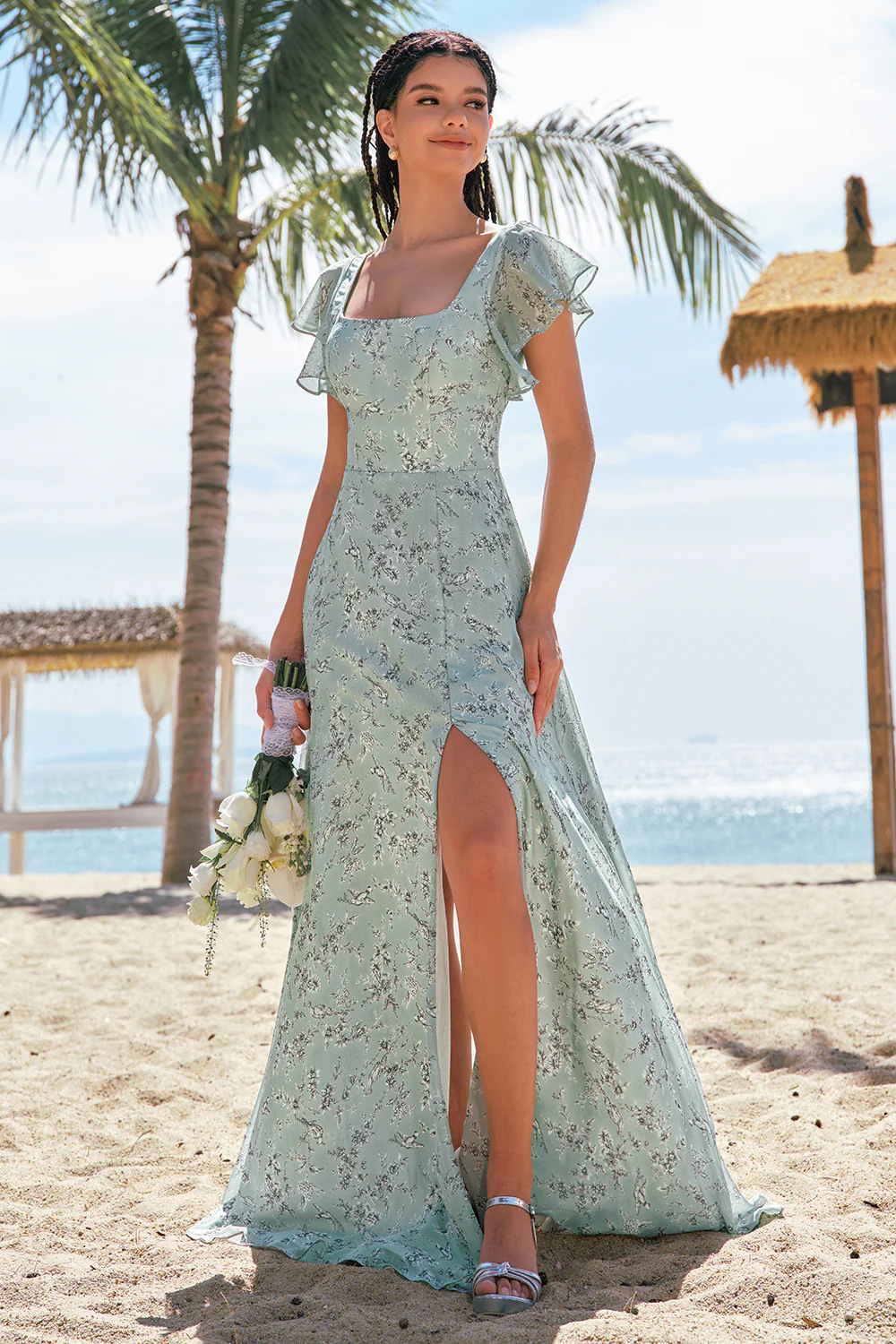 Grey Green Square Neck Floral Printed Bridesmaid Dress with Slit - JUORTHO