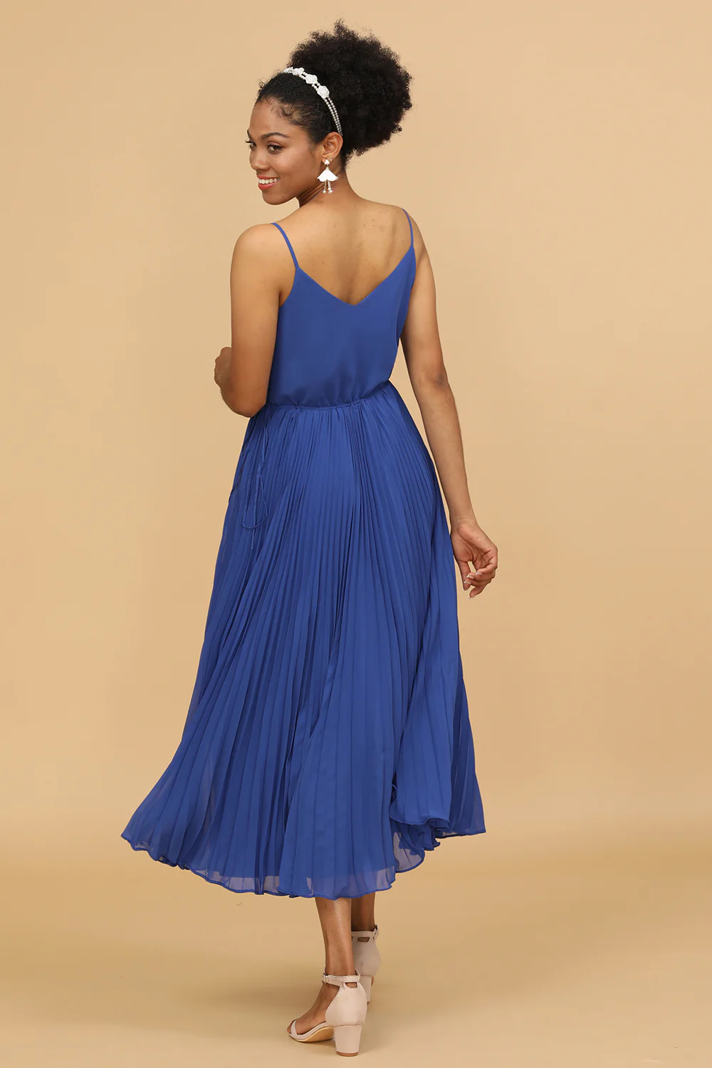 Royal Blue Tea-Length Chiffon Bridesmaid Dress With Pleated - JUORTHO