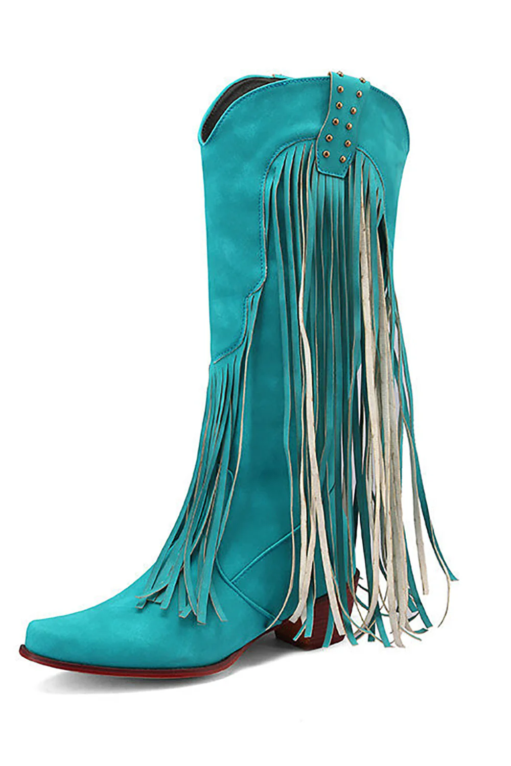 Blue Pointed Toe Wood Grain Thick Heel Boots with Tassel - JUORTHO