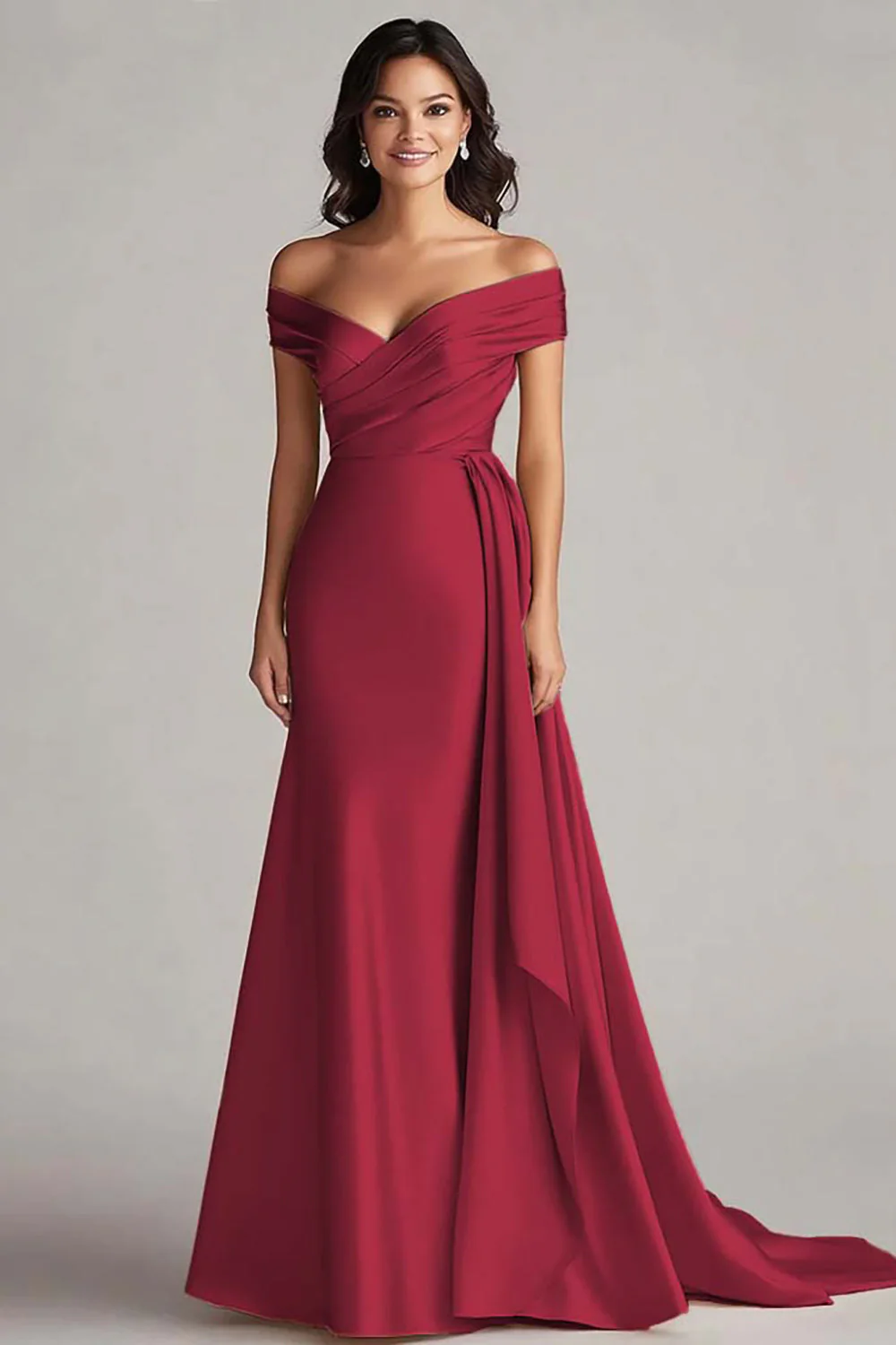 Champagne Satin Off the Shoulder Mermaid Long Formal Dress - JUORTHO