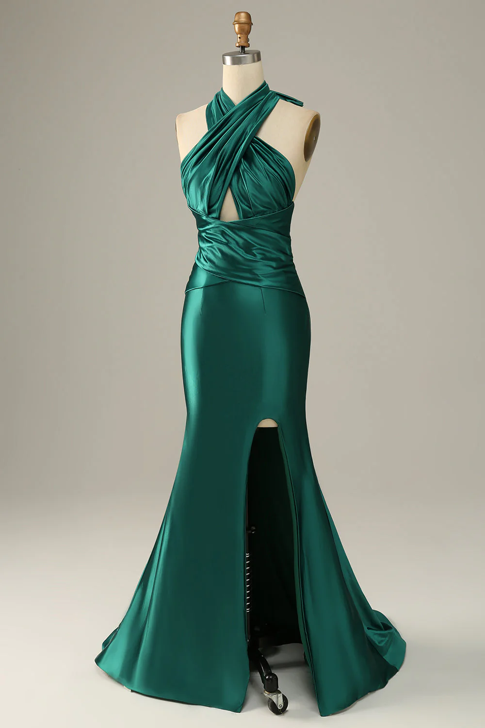 Dark Green Halter Lace Up Mermaid Prom Dresses With Slit - JUORTHO
