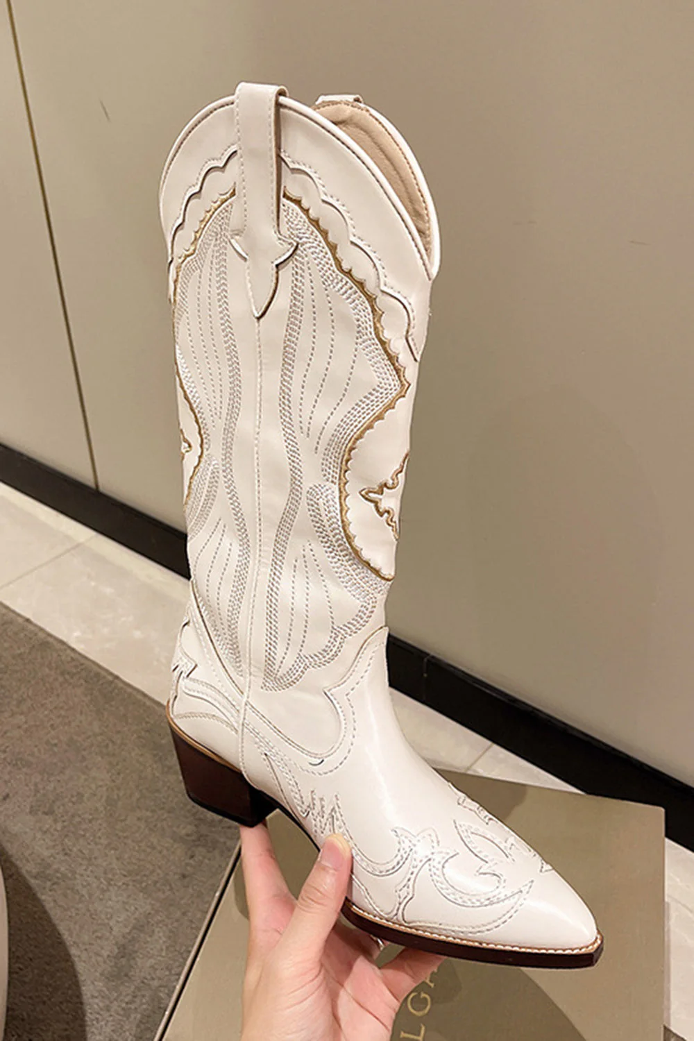 Classic White Embroidered Knee High Wide Calf Cowgirl Boots - JUORTHO