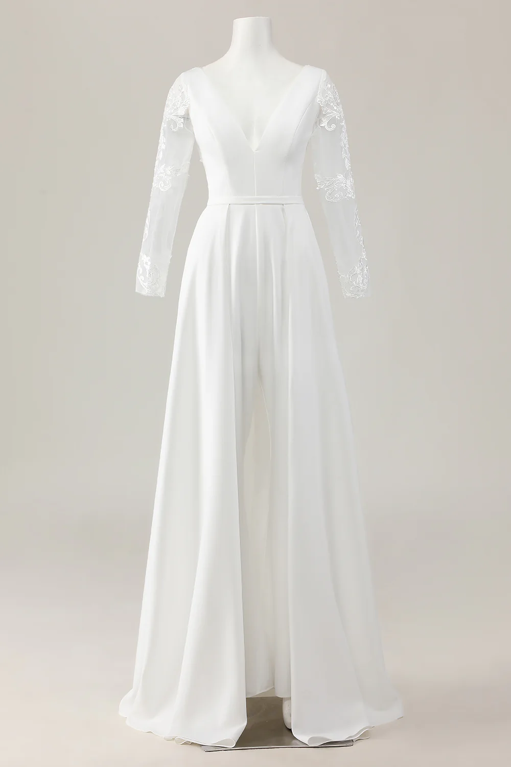 Ivory Satin Deep V-Neck Sweep Train Wedding Jumpsuits with Lace - JUORTHO