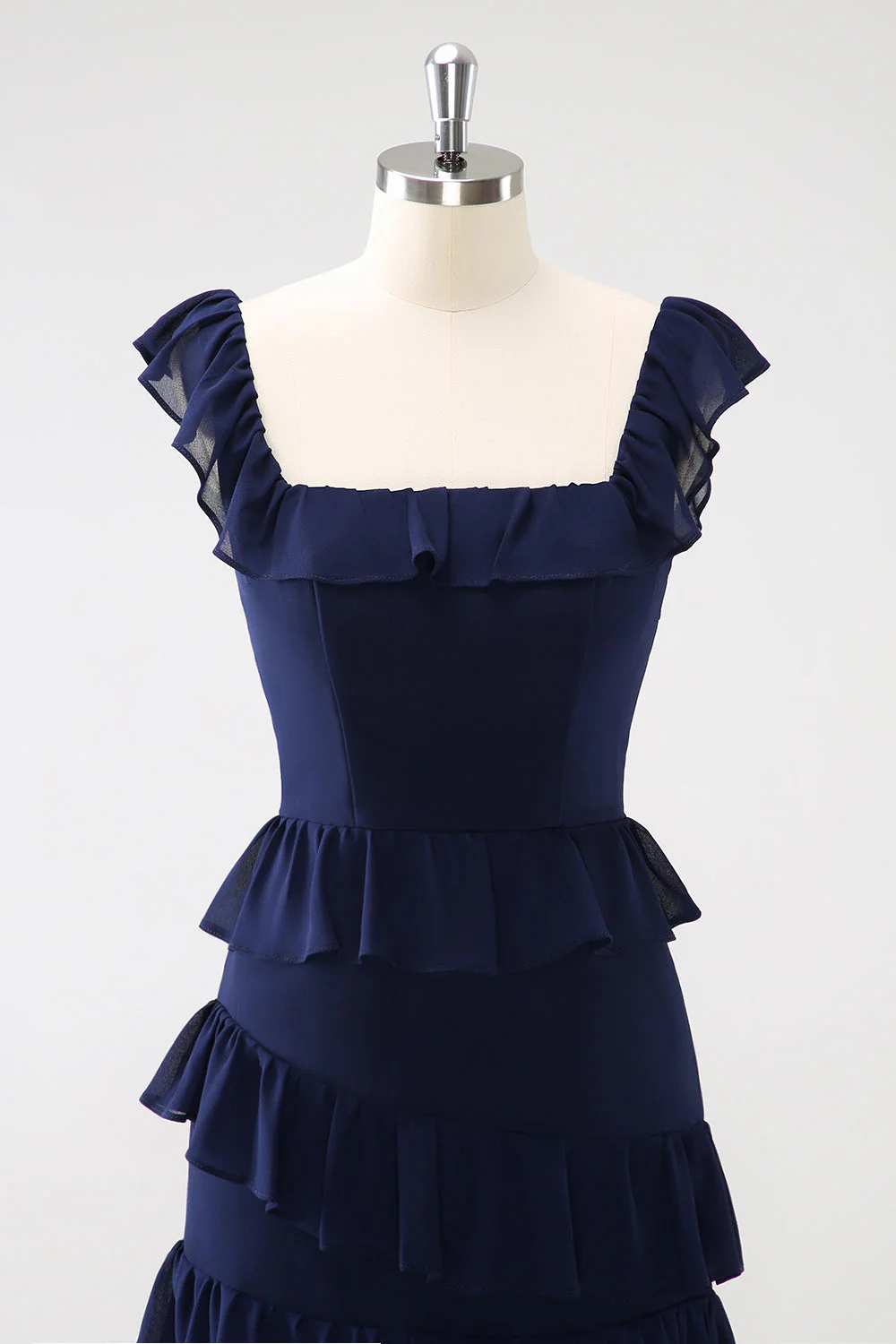 Dark Navy A-Line Tiered Chiffon Long Bridesmaid Dress - JUORTHO