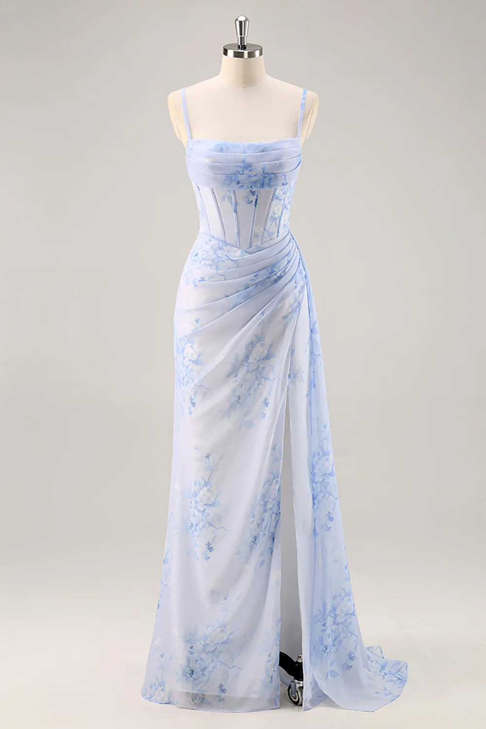 Blue Floral Ruched Corset Long Bridesmaid Dress with Slit - JUORTHO