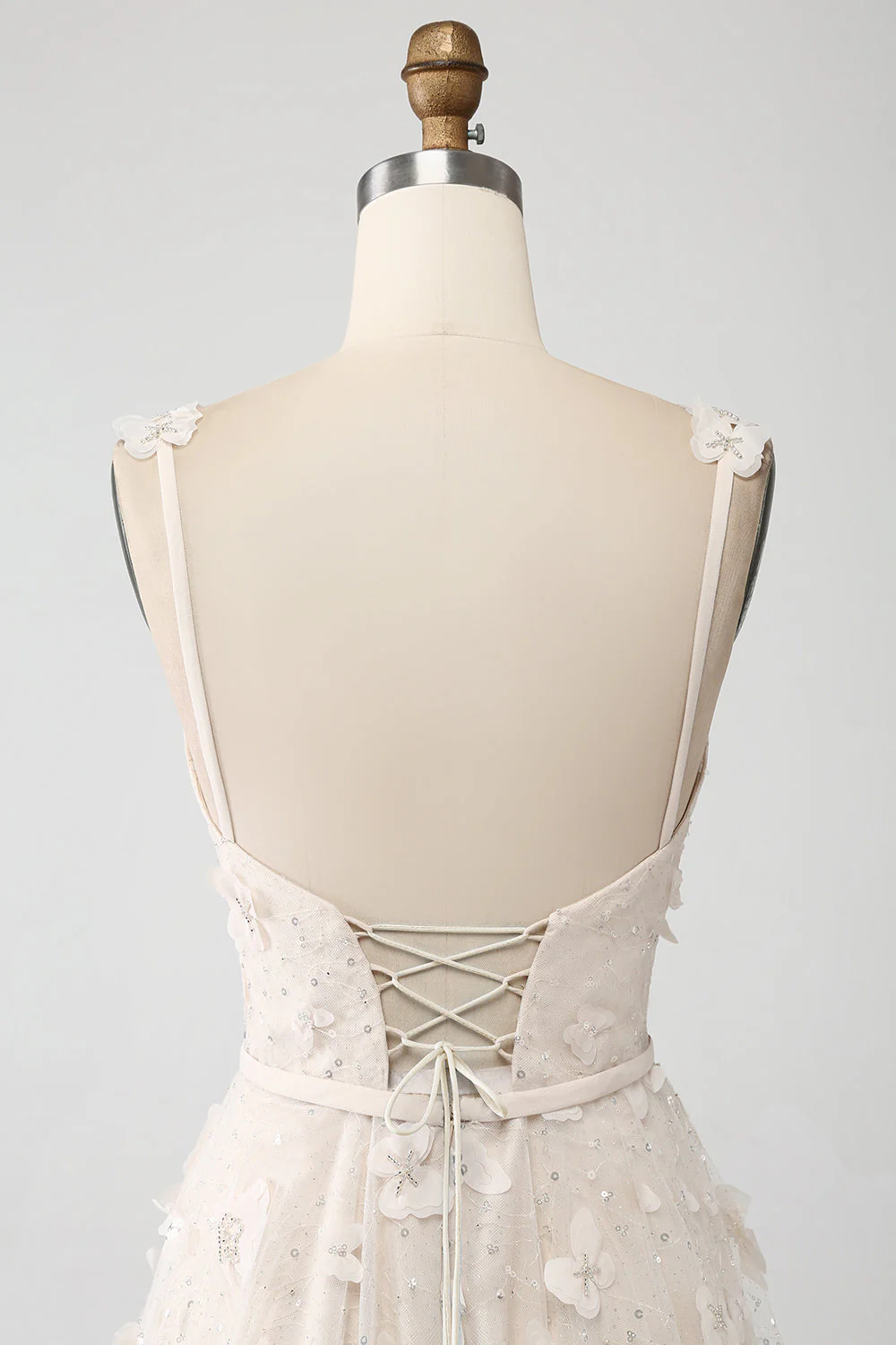 Apricot A Line Spaghetti Straps Appliques Long Wdding Dress with Slit - JUORTHO