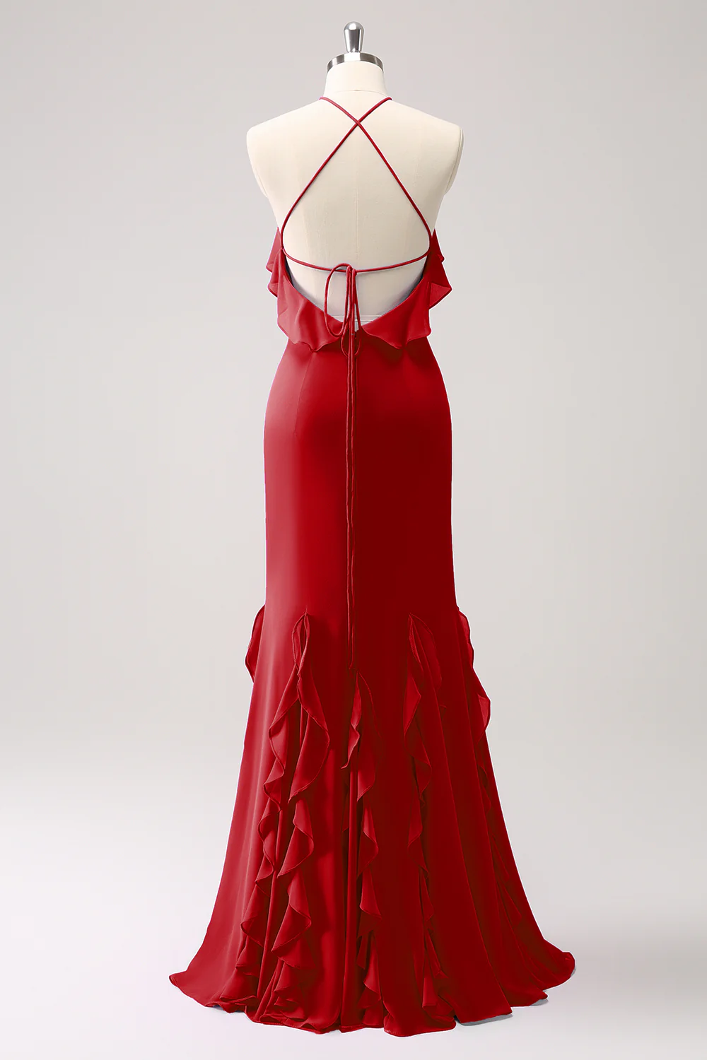 Tahiti Mermaid Halter Ruffle Chiffon Long Bridesmaid Dress - JUORTHO