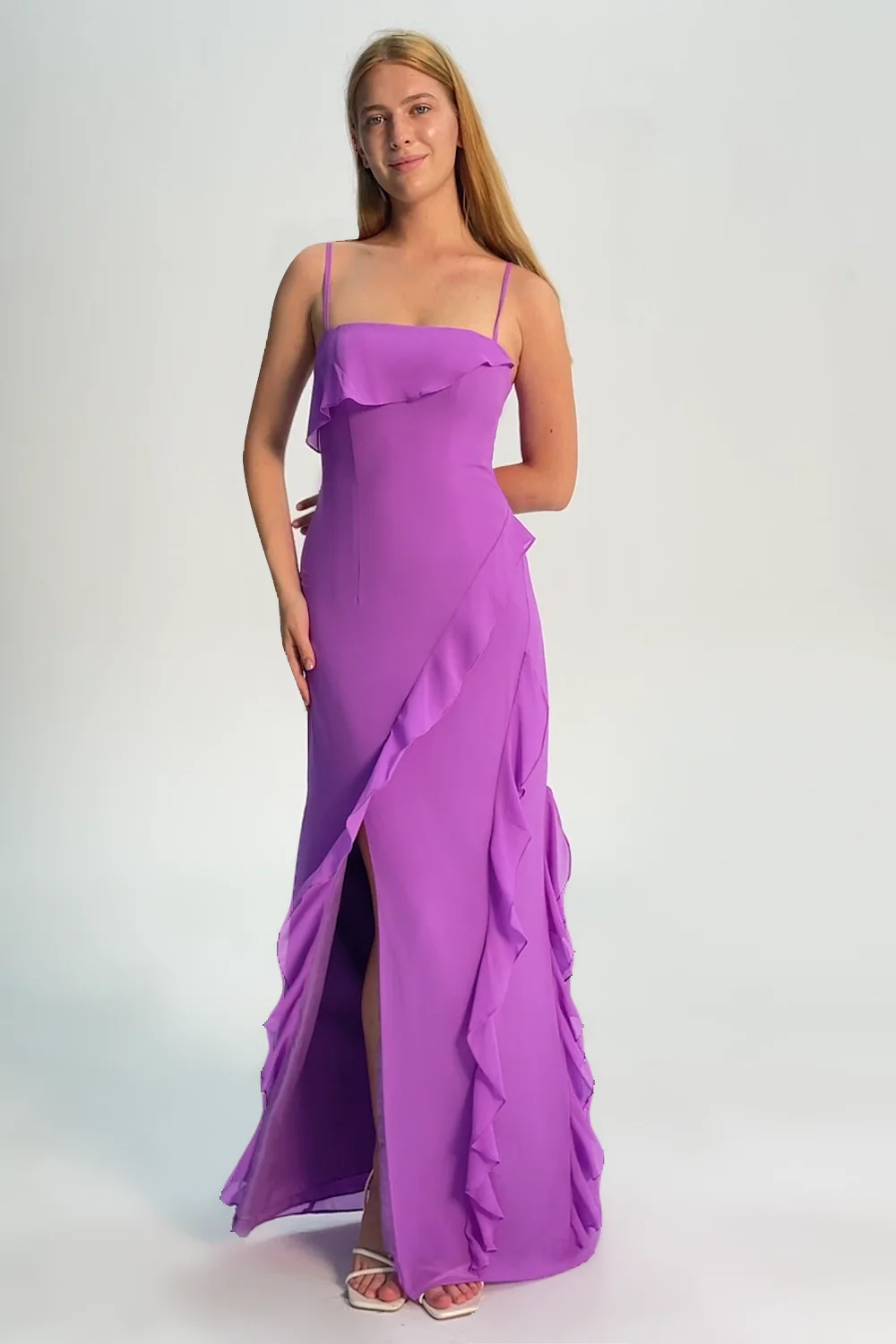 Tahiti Ruffled Spaghetti Straps Chiffon Long Bridesmaid Dress with Slit - JUORTHO