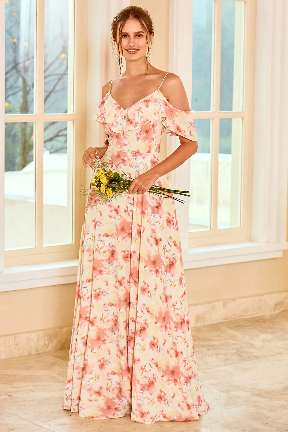 Print Blush Bridesmaid Dress with Ruffle - JUORTHO