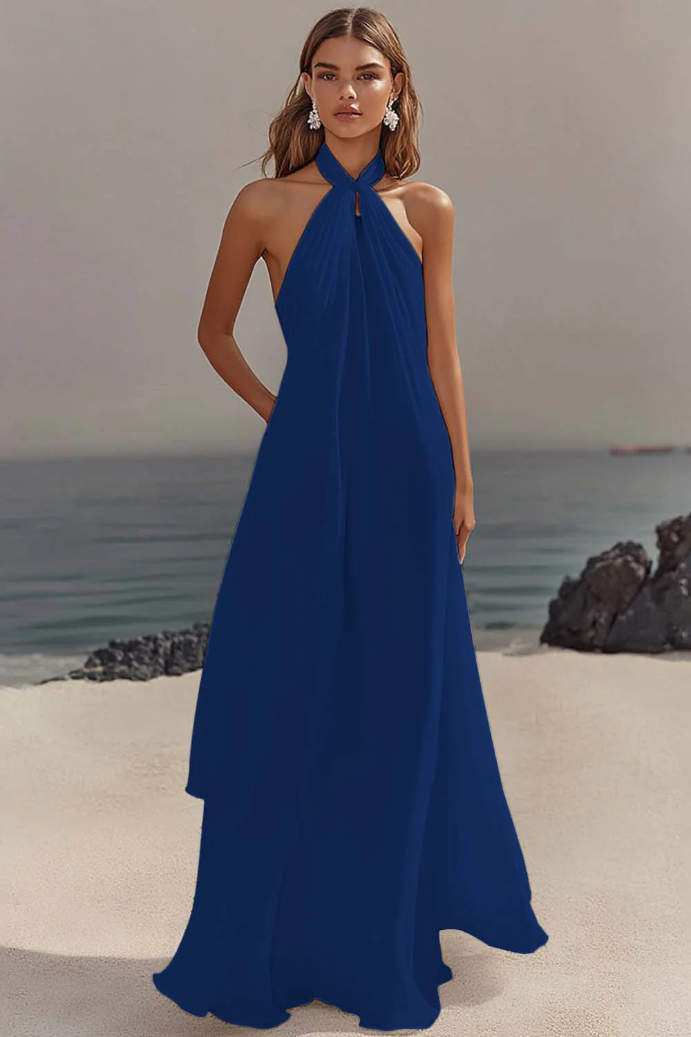 Chiffon White A Line Halter Long Rehearsal Dinner Dress - JUORTHO
