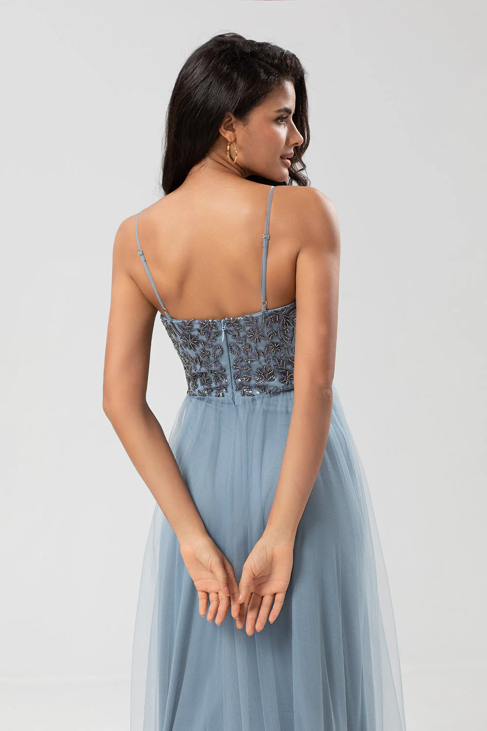 Chic Romantic A Line Spaghetti Straps Dusty Blue Long Bridesmaid Dress with Beading - JUORTHO
