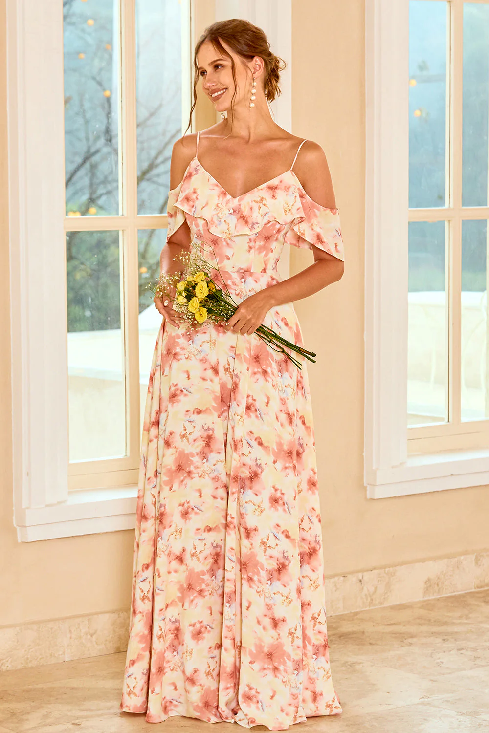 Print Blush Bridesmaid Dress with Ruffle - JUORTHO