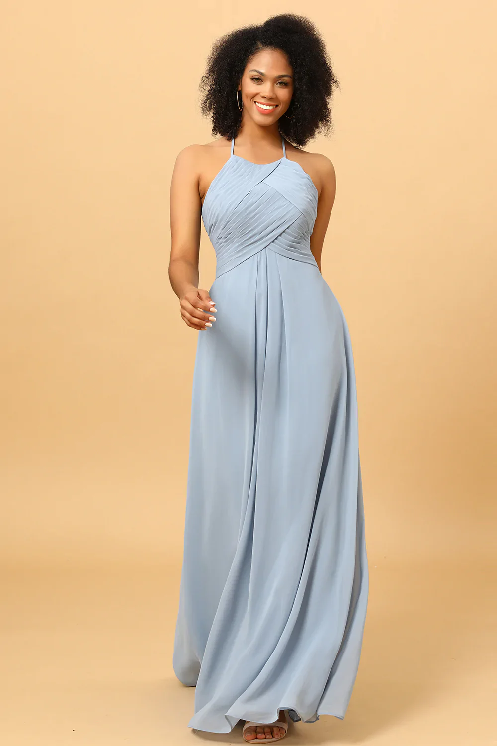 Halter Chiffon Blue Bridesmaid Dress with Ruffles - JUORTHO