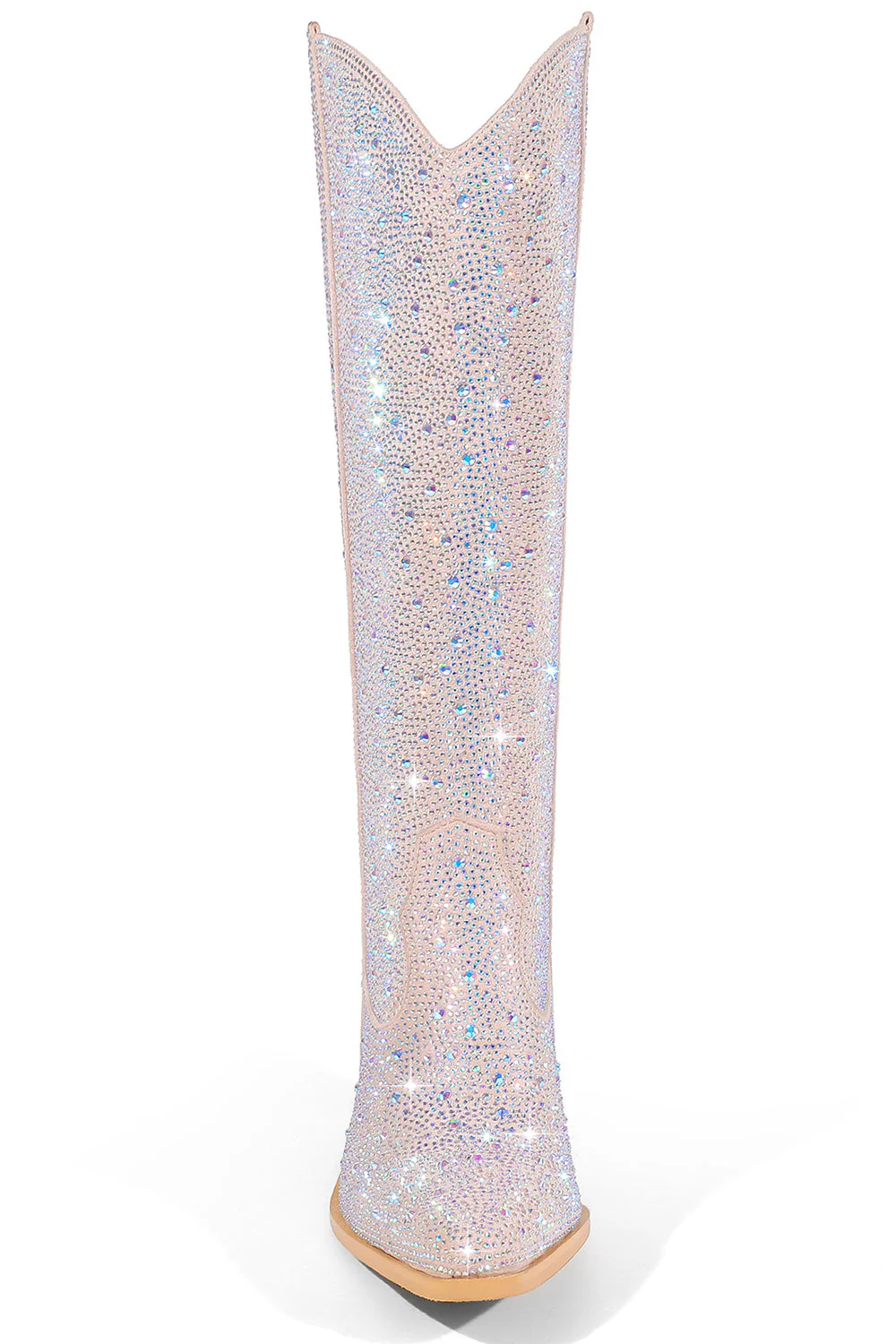 Silver Knee-High Shiny Pointed Toe Chunky Heel Boots - JUORTHO