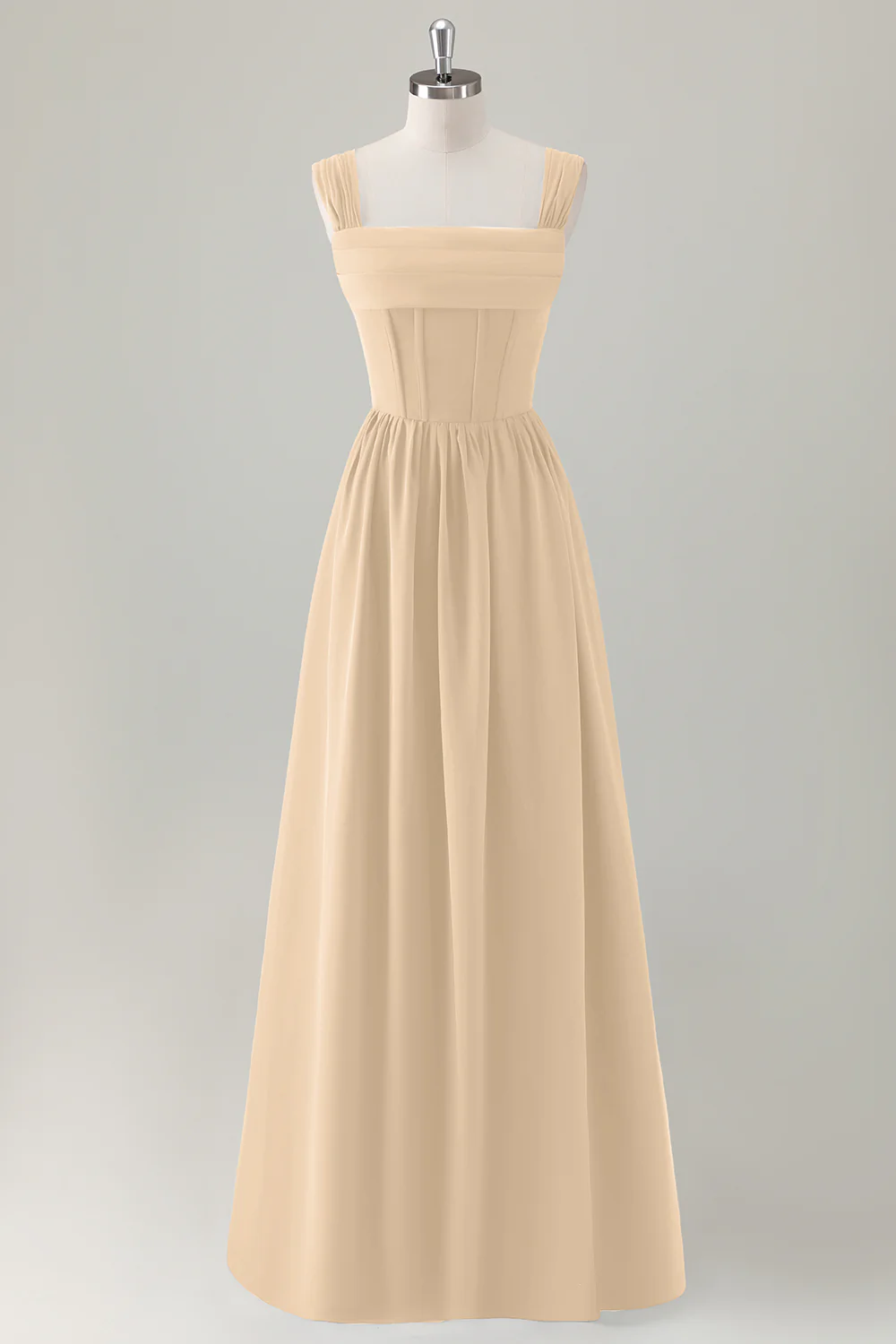 Champagne Corset A-Line Square Neck Long Bridesmaid Dress with Lace Up Back - JUORTHO