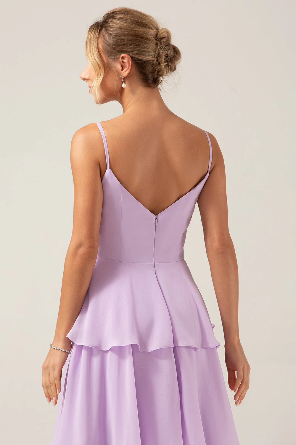 Lilac A Line Spaghetti Straps Tiered Chiffon Bridesmaid Dress with Slit - JUORTHO