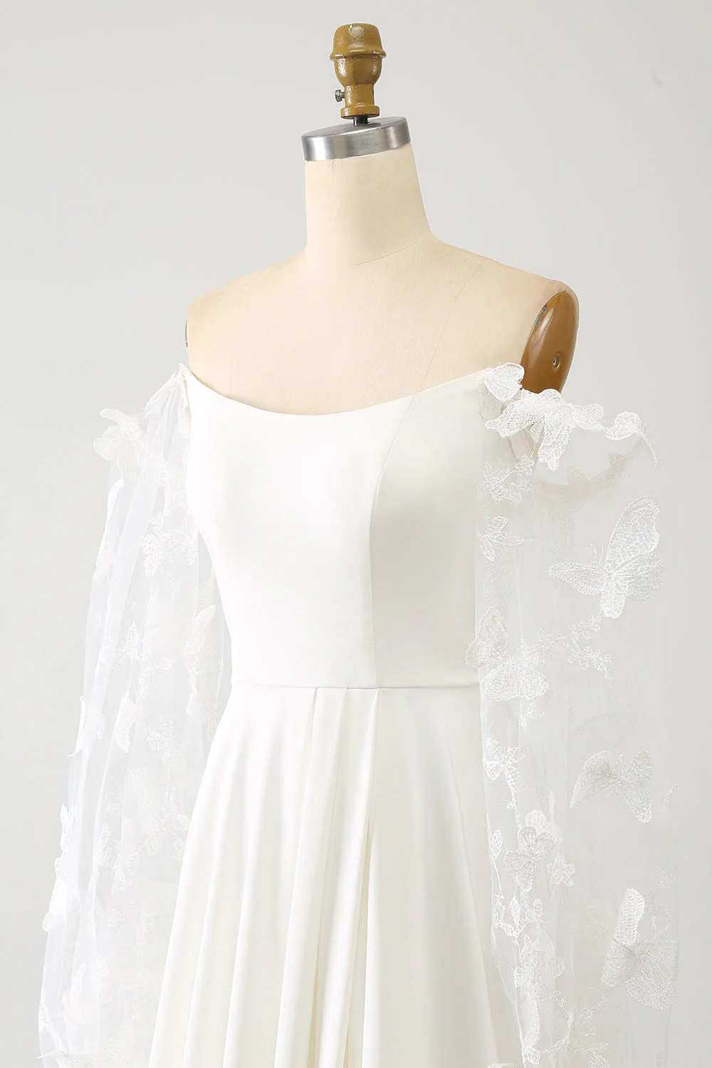 Ivory A Line Long Chiffon Wedding Dress With 3D Butterflies Long Sleeves - JUORTHO