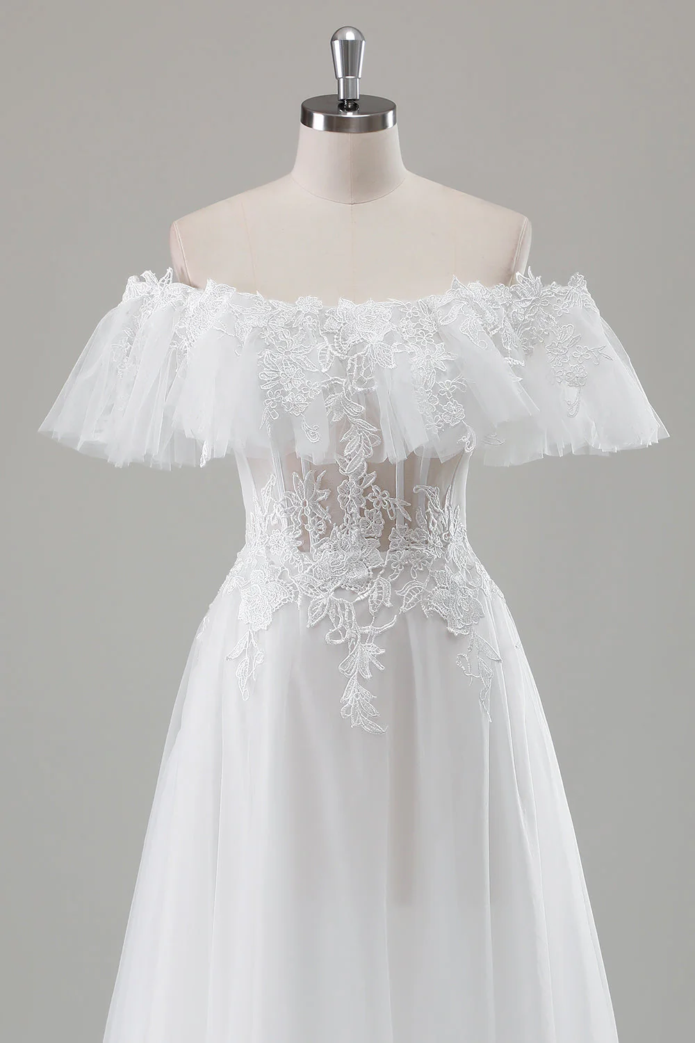 Ivory Off the Shoulder A-Line Wedding Dress with Appliqued Lace - JUORTHO