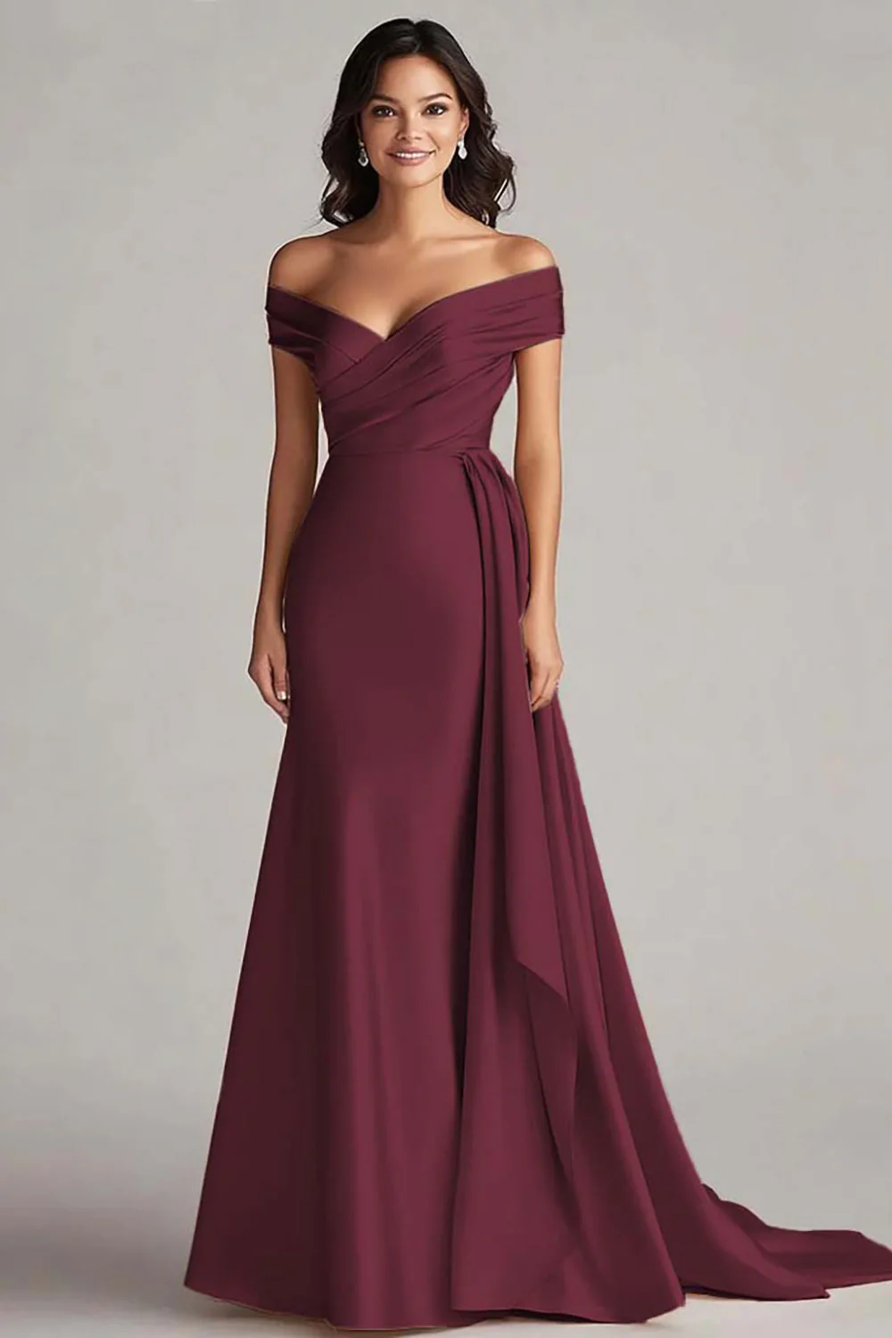 Champagne Satin Off the Shoulder Mermaid Long Formal Dress - JUORTHO