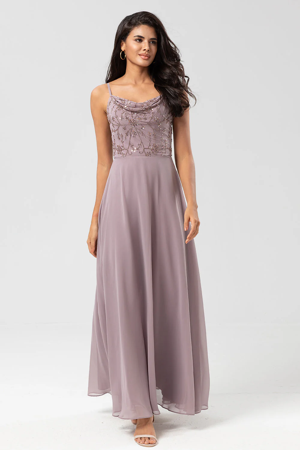Certifiably Chic A Line Spaghetti Straps Dusty Pink Long Bridesmaid Dress with Beaded - JUORTHO
